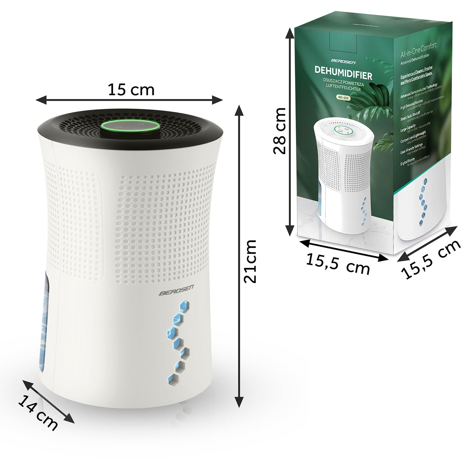 Deshumidificador blanco con tapa negra y luz verde, junto a una caja con detalles del producto y dimensiones.