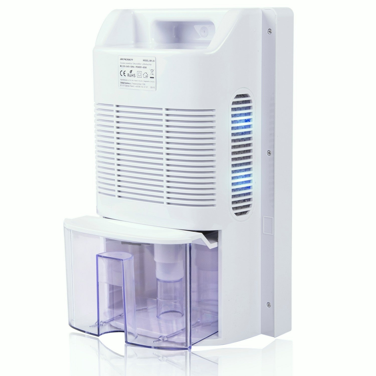 Un deshumidificador blanco con asa, ventilación y depósito de agua. El depósito es transparente con un tinte morado. Modelo BR-20.