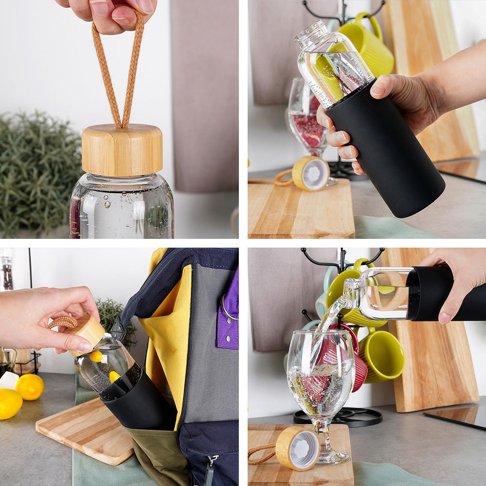 Cuatro imágenes muestran una botella de vidrio con agua. Se sostiene, se vierte y se coloca en un bolsillo de la mochila. Se ven limones.