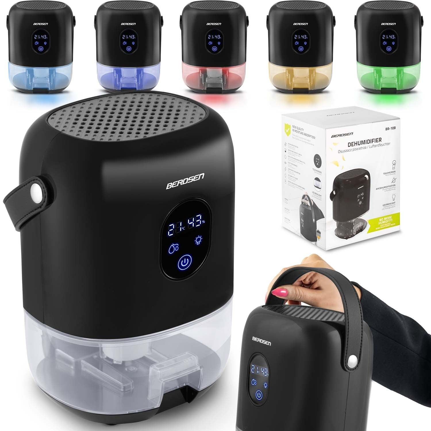 Deshumidificador negro Berosen con pantalla digital, luces de colores, caja y mano sosteniendo la unidad.
