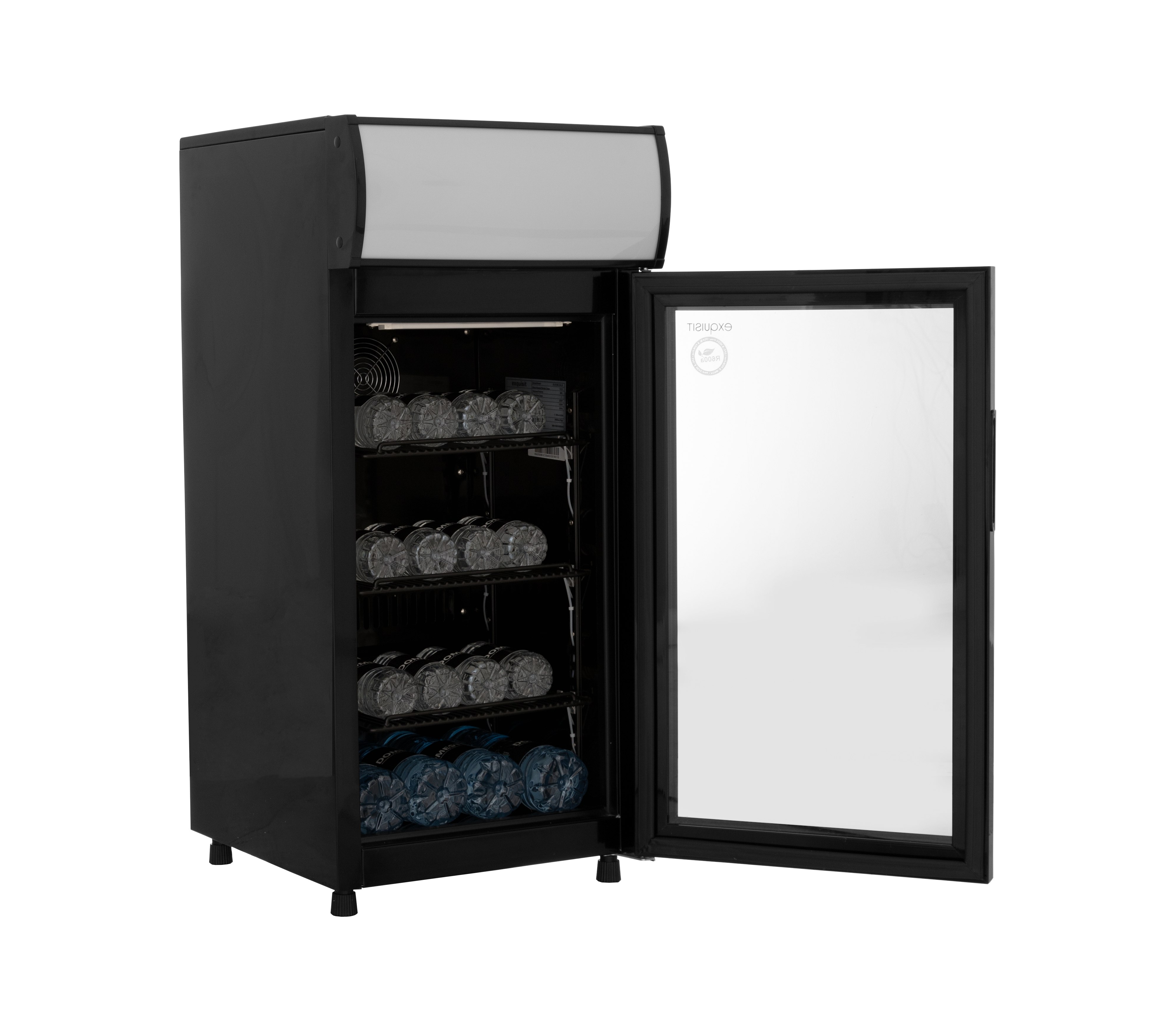 A black beverage cooler with glass door, holding bottles of water. The door is open.