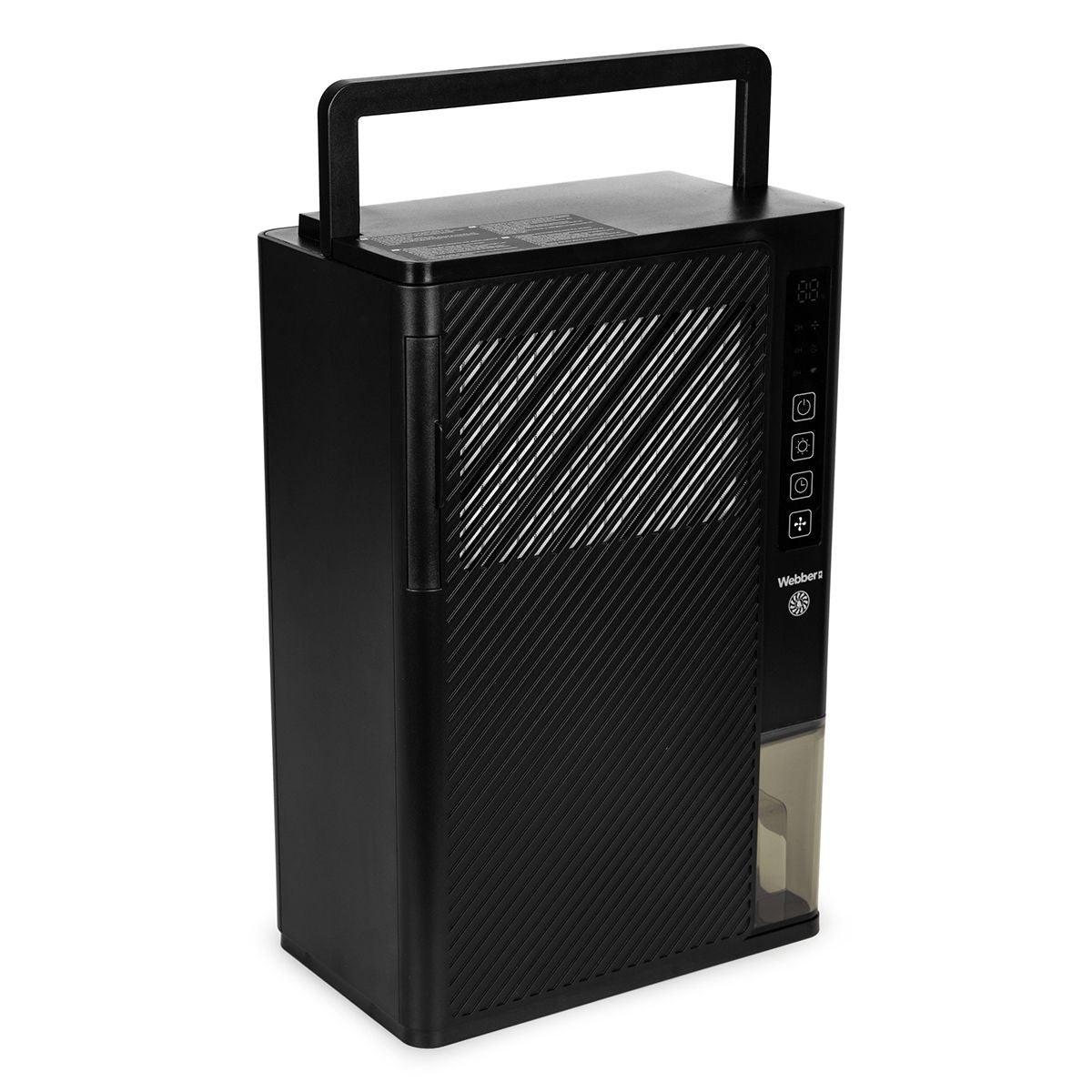 Un deshumidificador negro Webberr con asa. Tiene un panel de control y un depósito de agua. El fondo es blanco.
