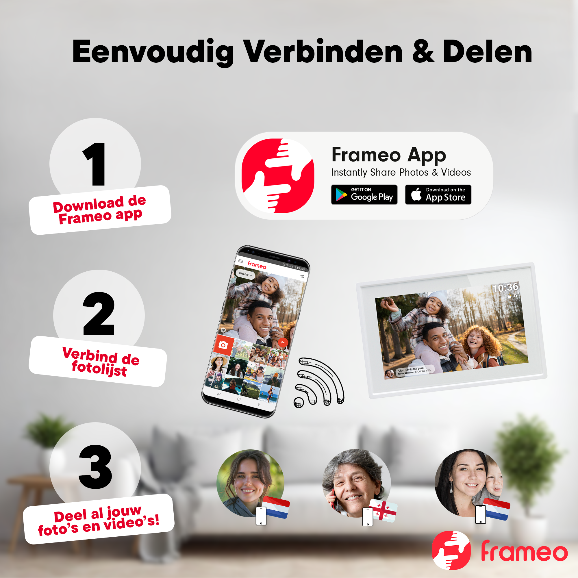 Un anuncio que muestra los pasos para usar la aplicación Frameo: descargar, conectar y compartir fotos. Incluye logotipos de la aplicación y fotos.