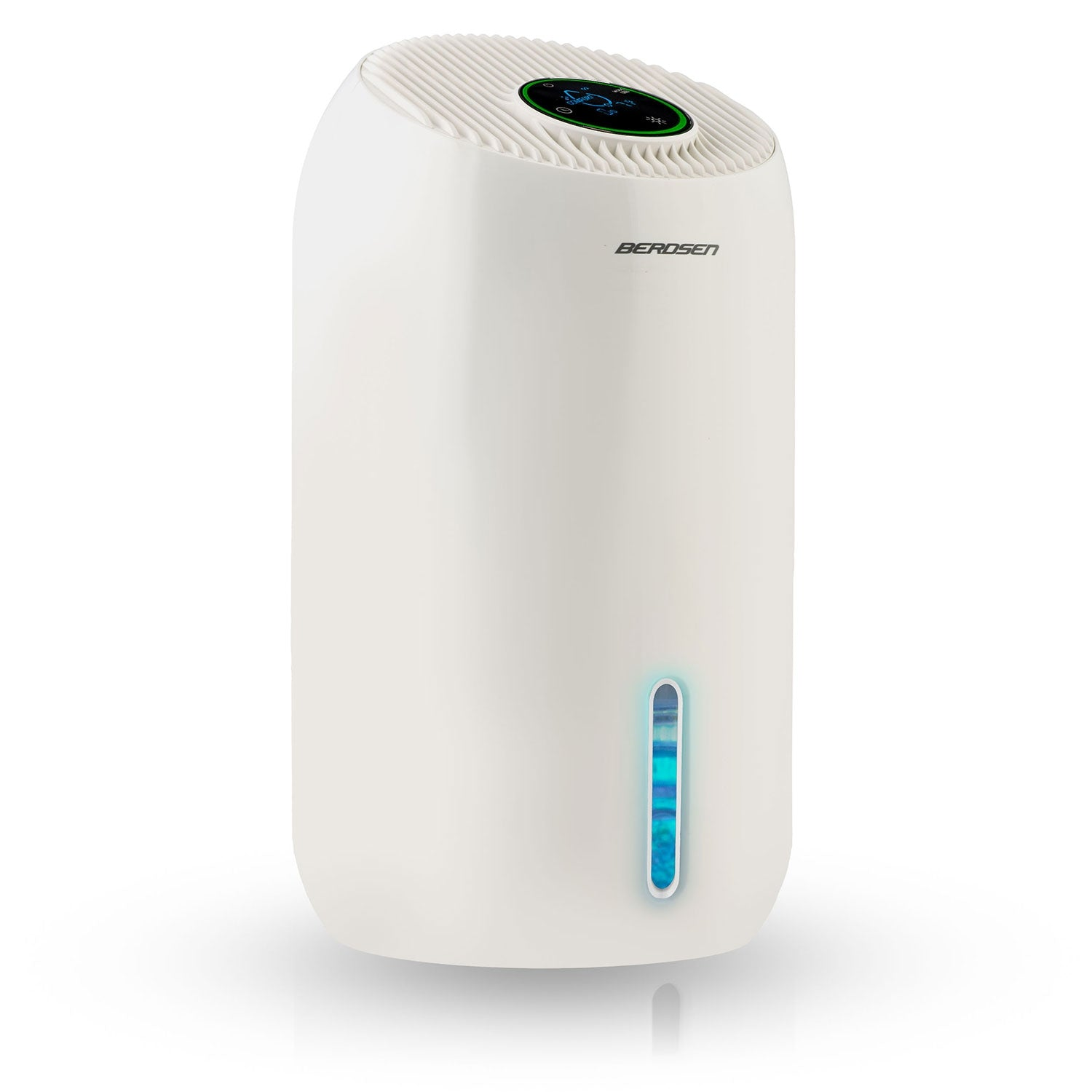 Purificador de aire blanco Berosen con pantalla digital, indicador de nivel de agua y parte superior acanalada. Está sobre una superficie blanca.