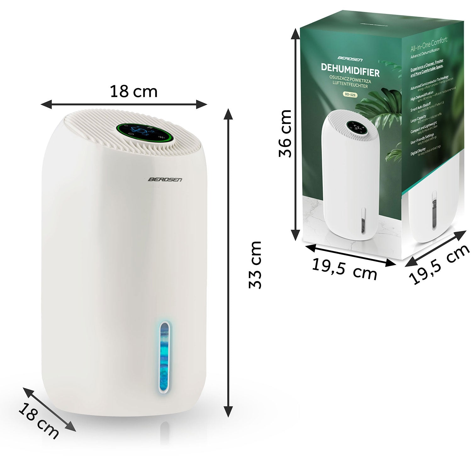 Deshumidificador Berdsen blanco, dimensiones mostradas. Tiene una pantalla digital e indicador de nivel de agua. También una caja.