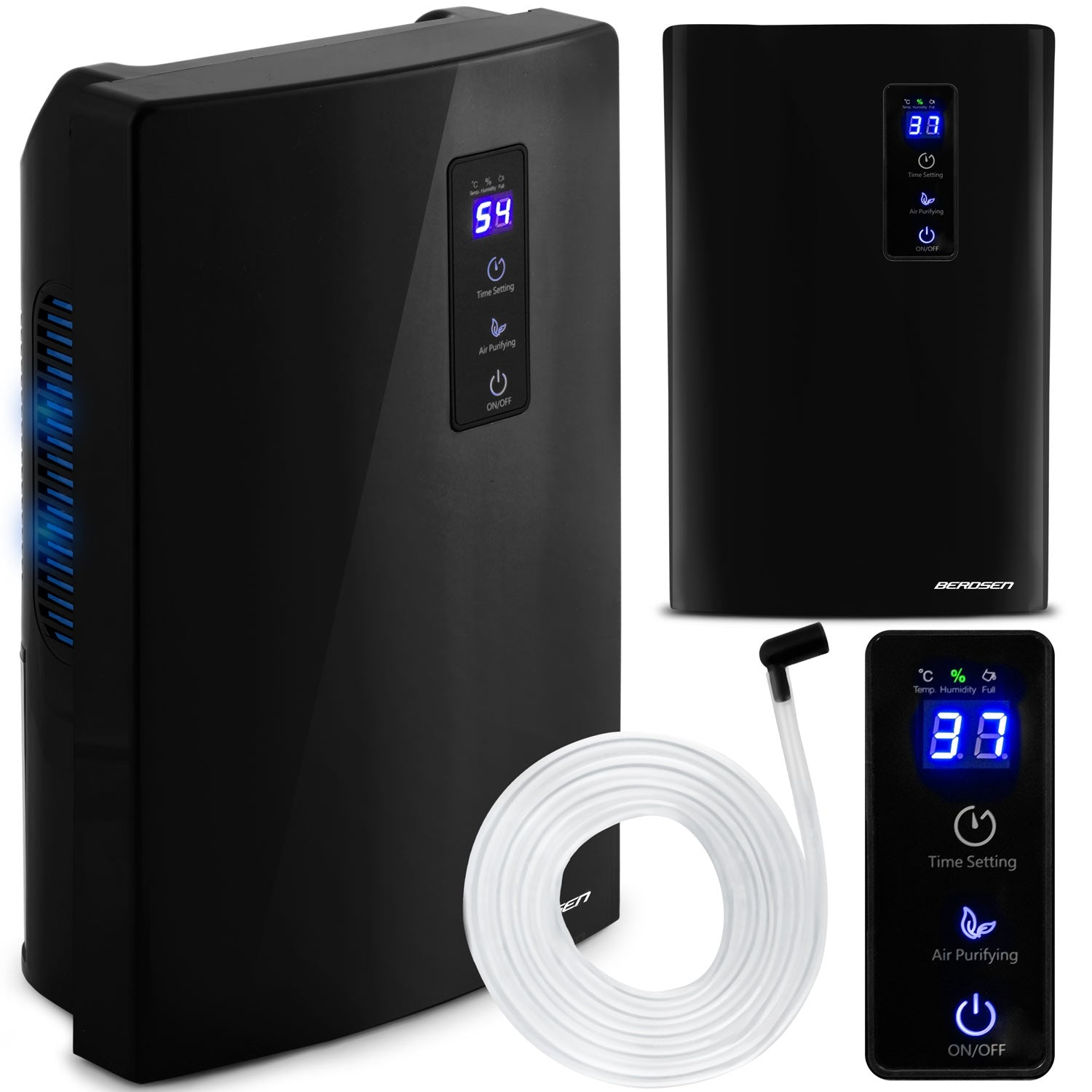 Un purificador de aire negro con una pantalla digital que muestra 59. Tiene botones de control para el tiempo, purificación de aire y encendido/apagado. Una manguera blanca está enrollada.