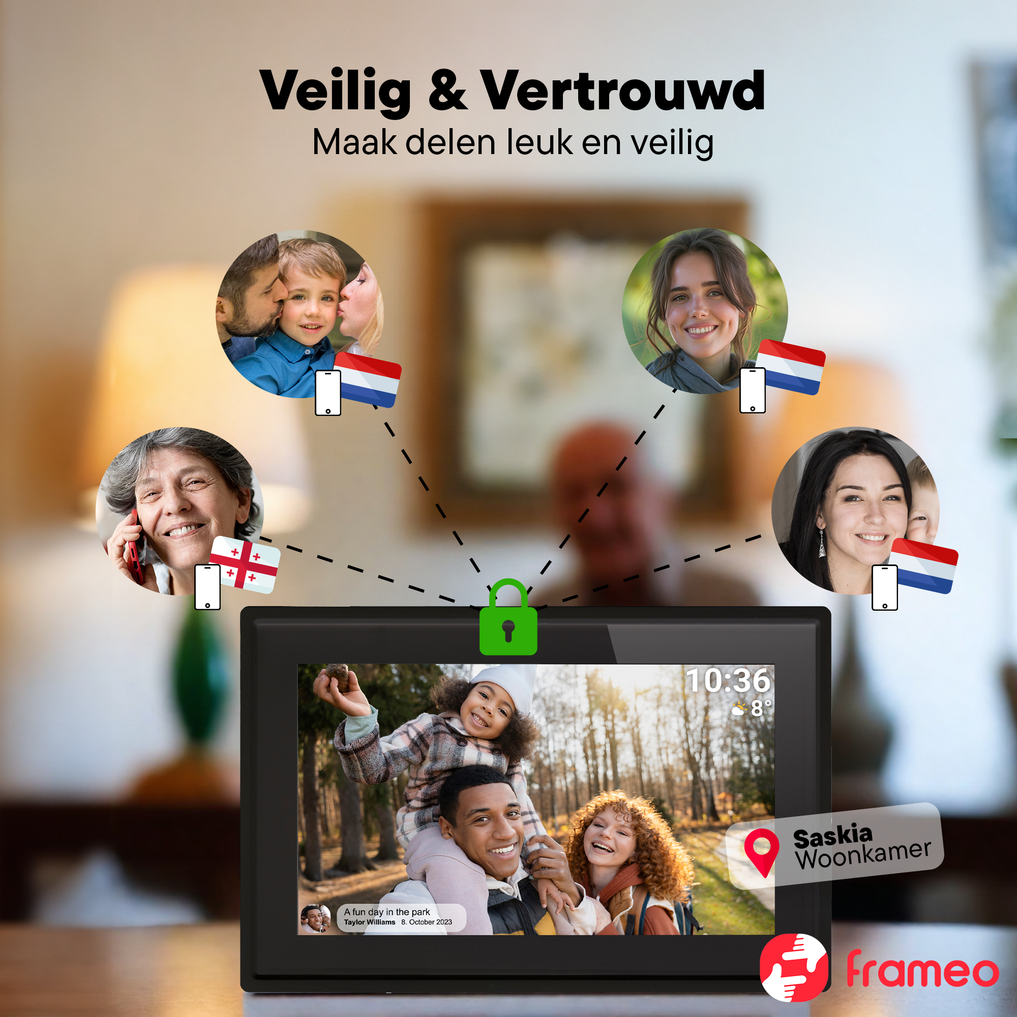 Obraz przedstawia cyfrową ramkę wyświetlającą zdjęcie rodzinne, połączoną z wieloma użytkownikami. Tekst brzmi 'Bezpieczny i zaufany'.