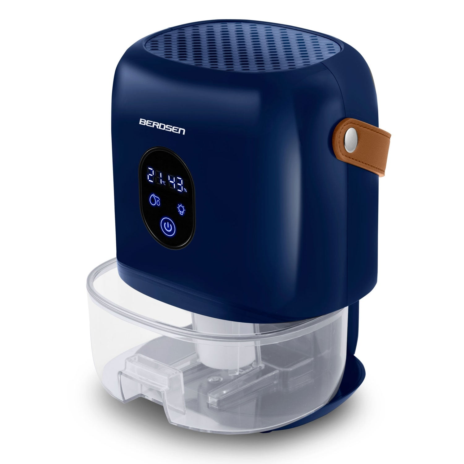 Un purificador de aire BEROSEN azul oscuro con depósito de agua transparente. Tiene asa de cuero y pantalla digital.