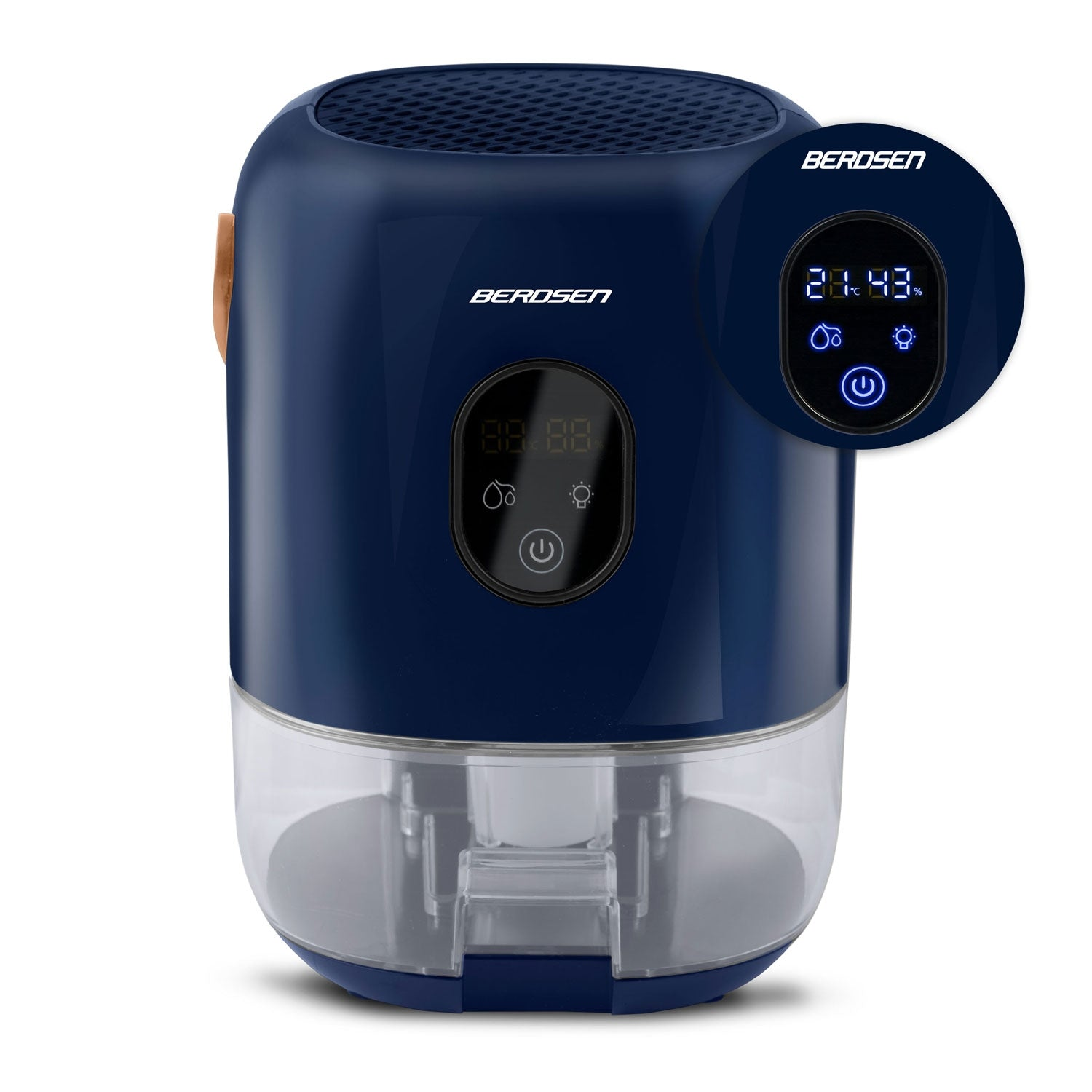 Un deshumidificador Berdsen azul oscuro con una pantalla digital que muestra la temperatura y la humedad. Tiene un depósito de agua transparente.