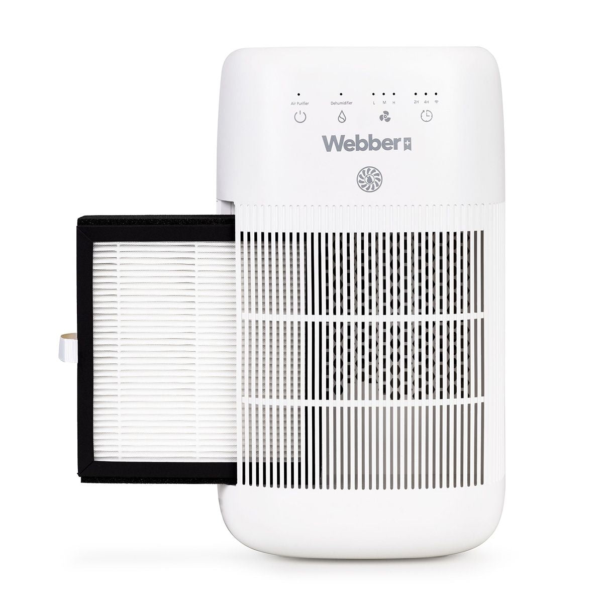 Biały oczyszczacz powietrza Webber z filtrem. Filtr ma czarną ramkę. Panel sterowania pokazuje ustawienia. Tekst na oczyszczaczu to Webber.