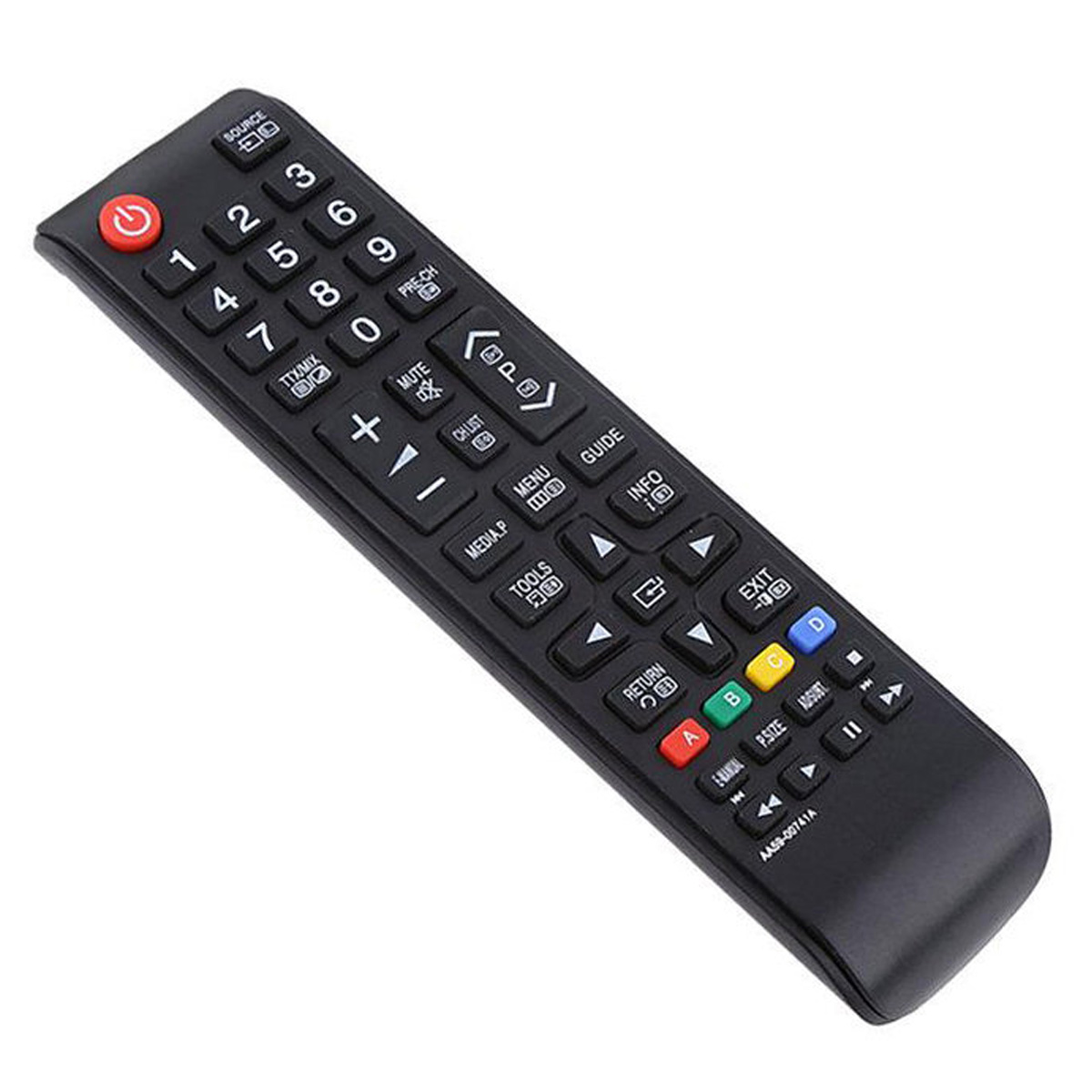 Eine schwarze TV-Fernbedienung mit verschiedenen Tasten, einschließlich Zahlen, Lautstärke, Kanal und Ein/Aus. Einige Tasten sind farbig gekennzeichnet.