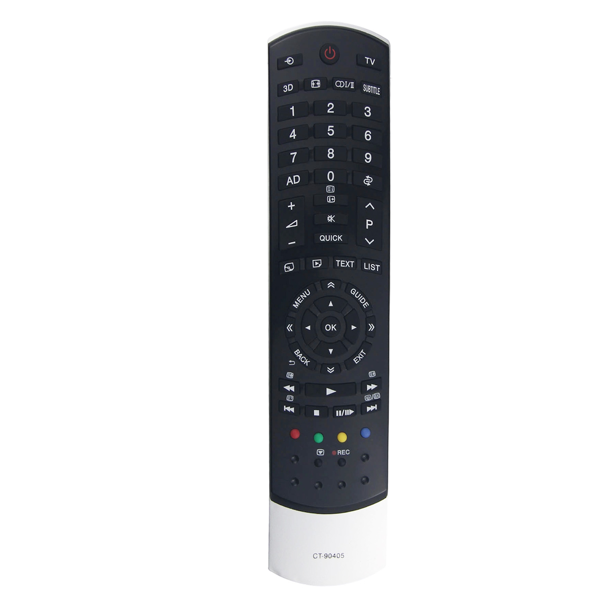 Eine schwarze TV-Fernbedienung mit weißem Boden, Tasten für Zahlen, Lautstärke, Kanal, Menü und Strom. Modell CT-90405.
