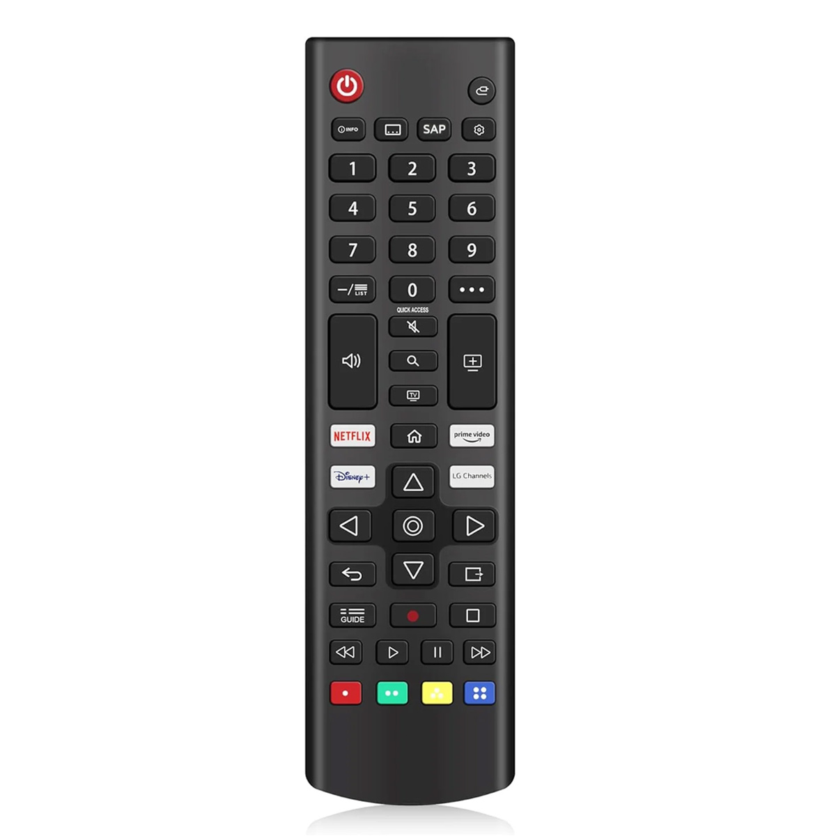 Schwarze TV-Fernbedienung mit zahlreichen Tasten, darunter Zahlen, Lautstärke, Netflix und Ein/Aus. Tasten in Rot, Grün, Gelb und Blau.