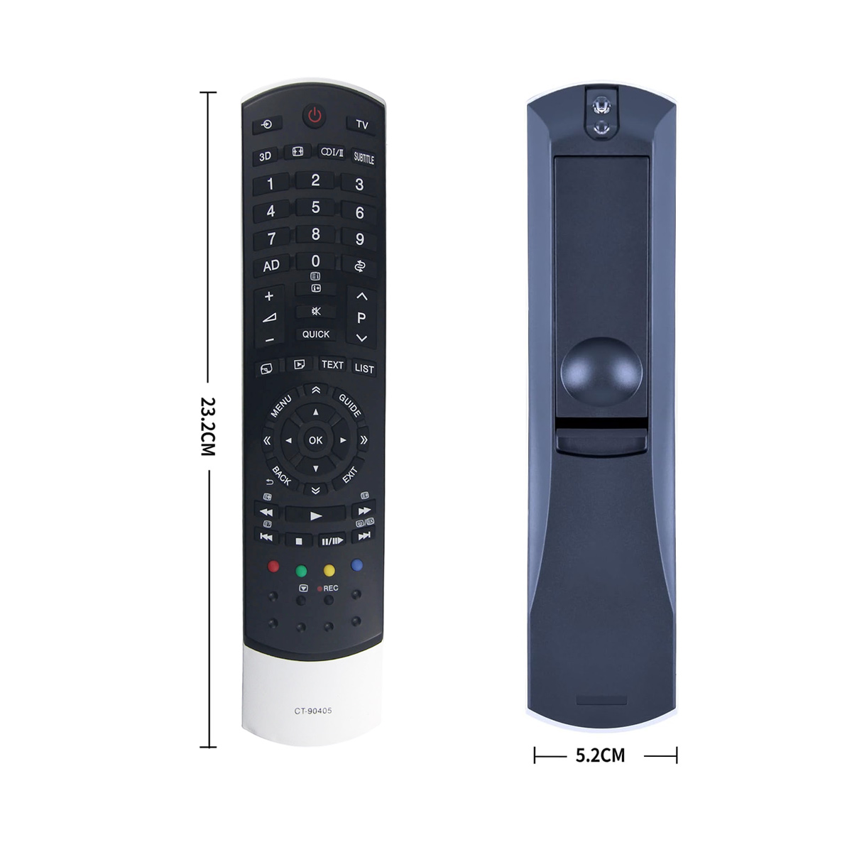 Zwei TV-Fernbedienungen, eine schwarze mit Tasten, die andere schwarz. Abmessungen sind angegeben. Die erste ist 23,2 cm lang, die zweite 5,2 cm breit.
