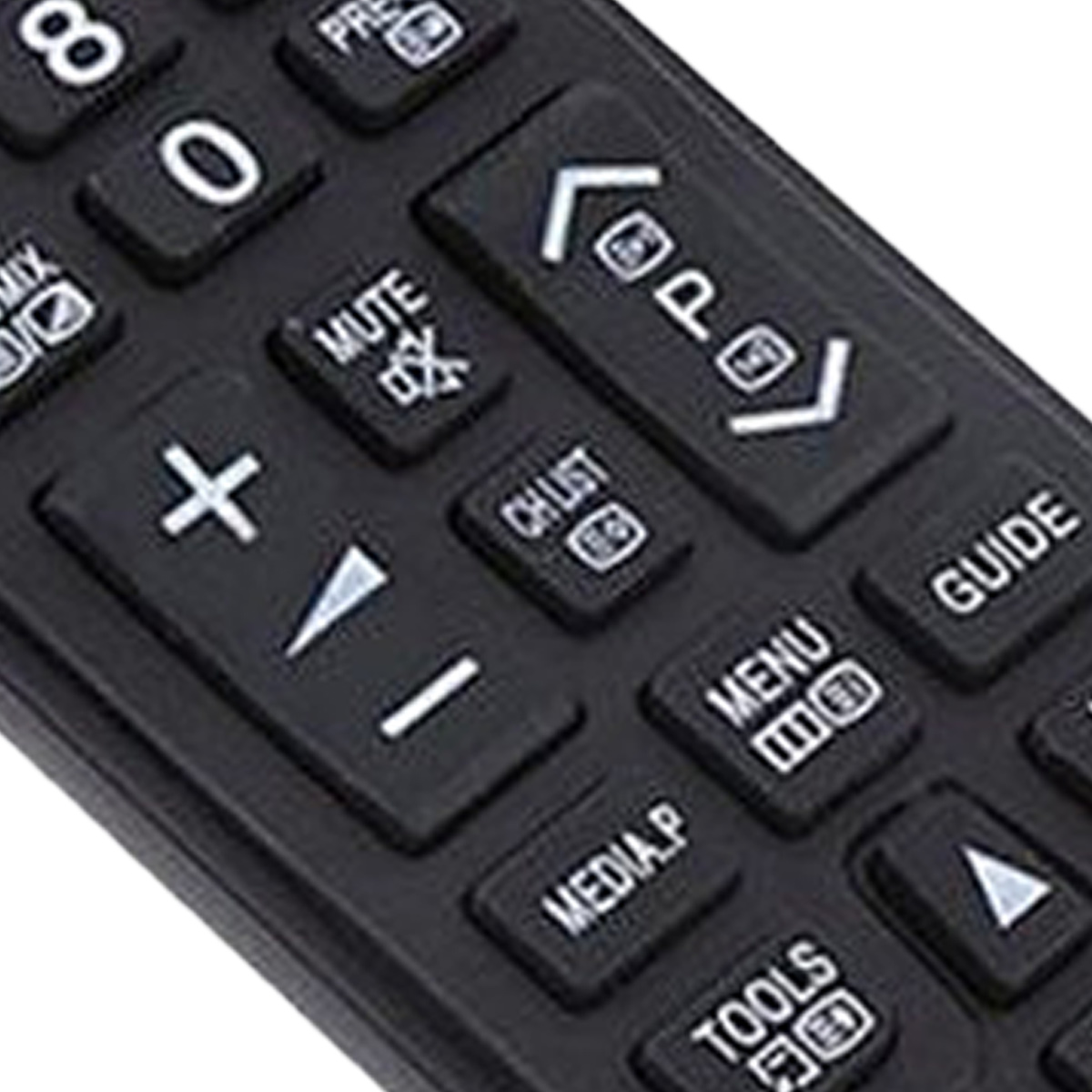 Nahaufnahme einer schwarzen TV-Fernbedienung. Sichtbare Tasten sind Zahlen, Lautstärkeregler, Stummschaltung, Kanalliste, Menü und eine Guide-Taste.