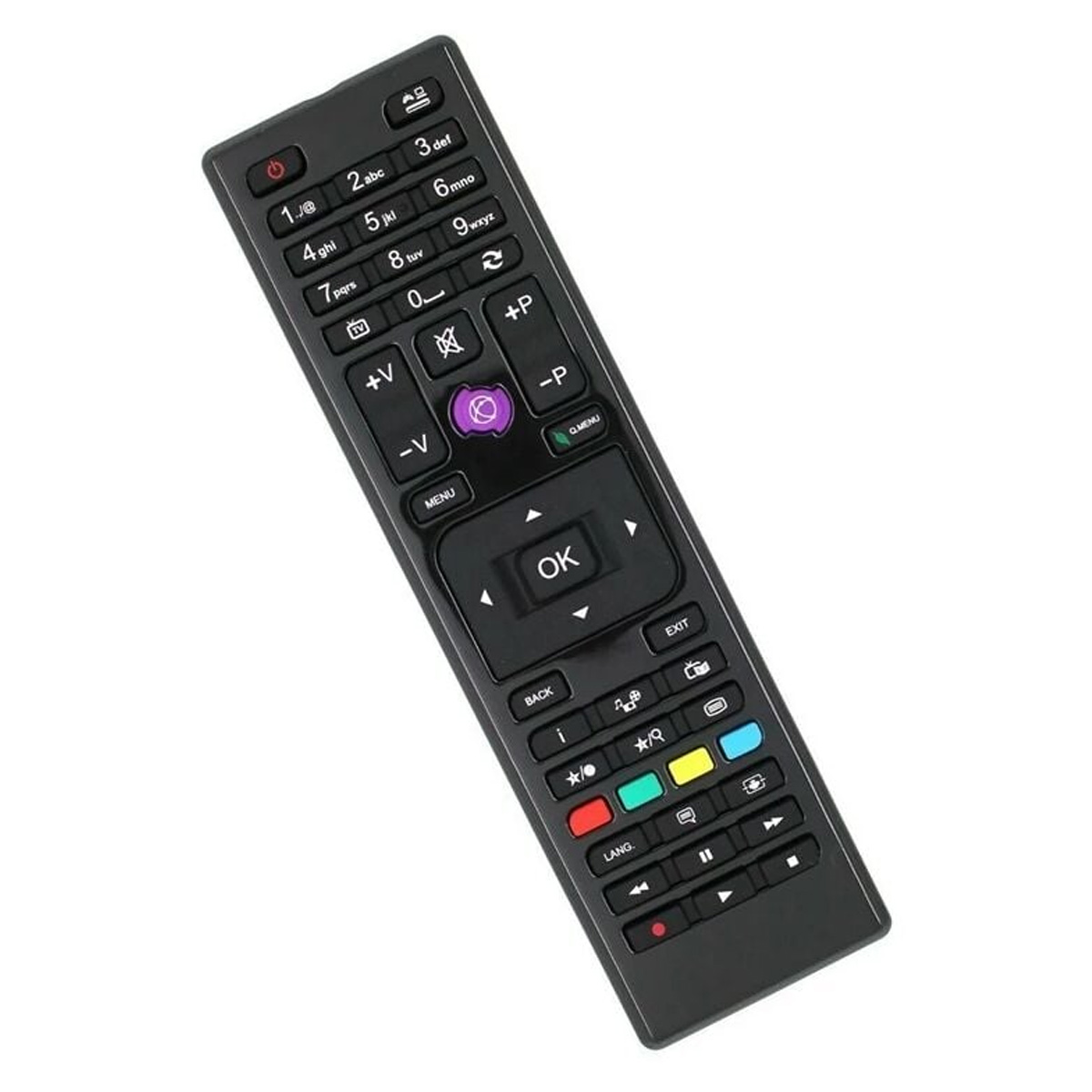 Eine schwarze TV-Fernbedienung mit verschiedenen Tasten, darunter Zahlen, Lautstärke, Menü und eine OK-Taste.