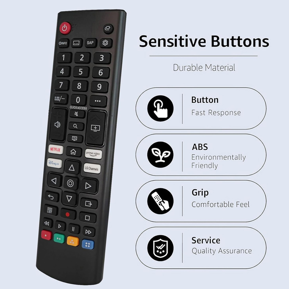 Eine schwarze TV-Fernbedienung mit verschiedenen Tasten und Symbolen wie Netflix und Disney+. Der Text lautet 'Sensitive Buttons' und 'Durable Material'.