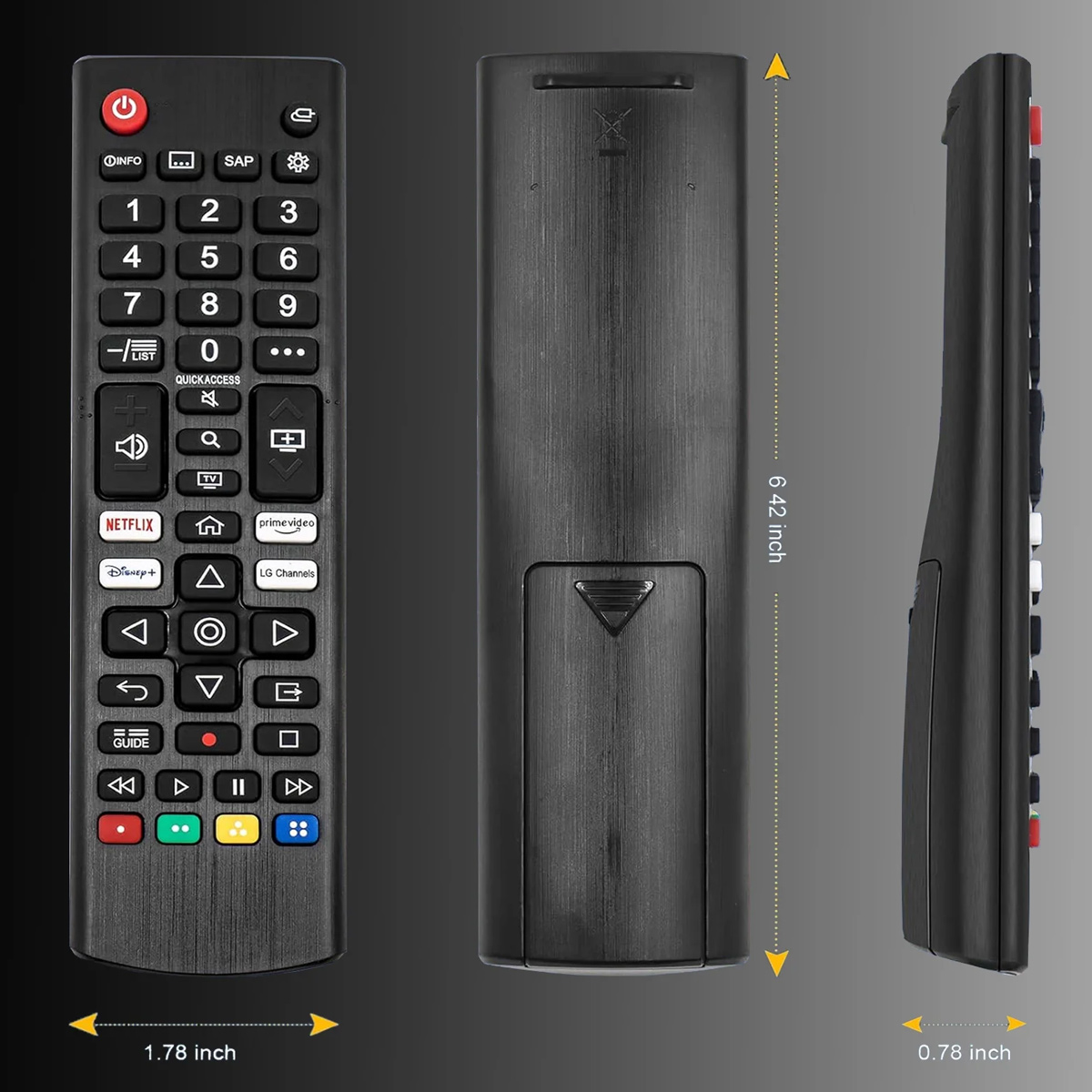 Schwarze TV-Fernbedienung mit Tasten für Netflix, Disney+ und Zahlen. Maße: 6,42 Zoll lang, 1,78 Zoll breit und 0,78 Zoll dick.