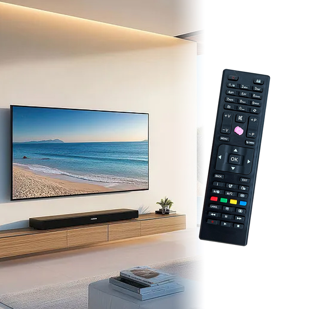 Ein Fernseher mit einer Strandszene, eine Soundbar, eine Fernbedienung und ein Holzschrank. Eine kleine Pflanze steht auf dem Schrank.