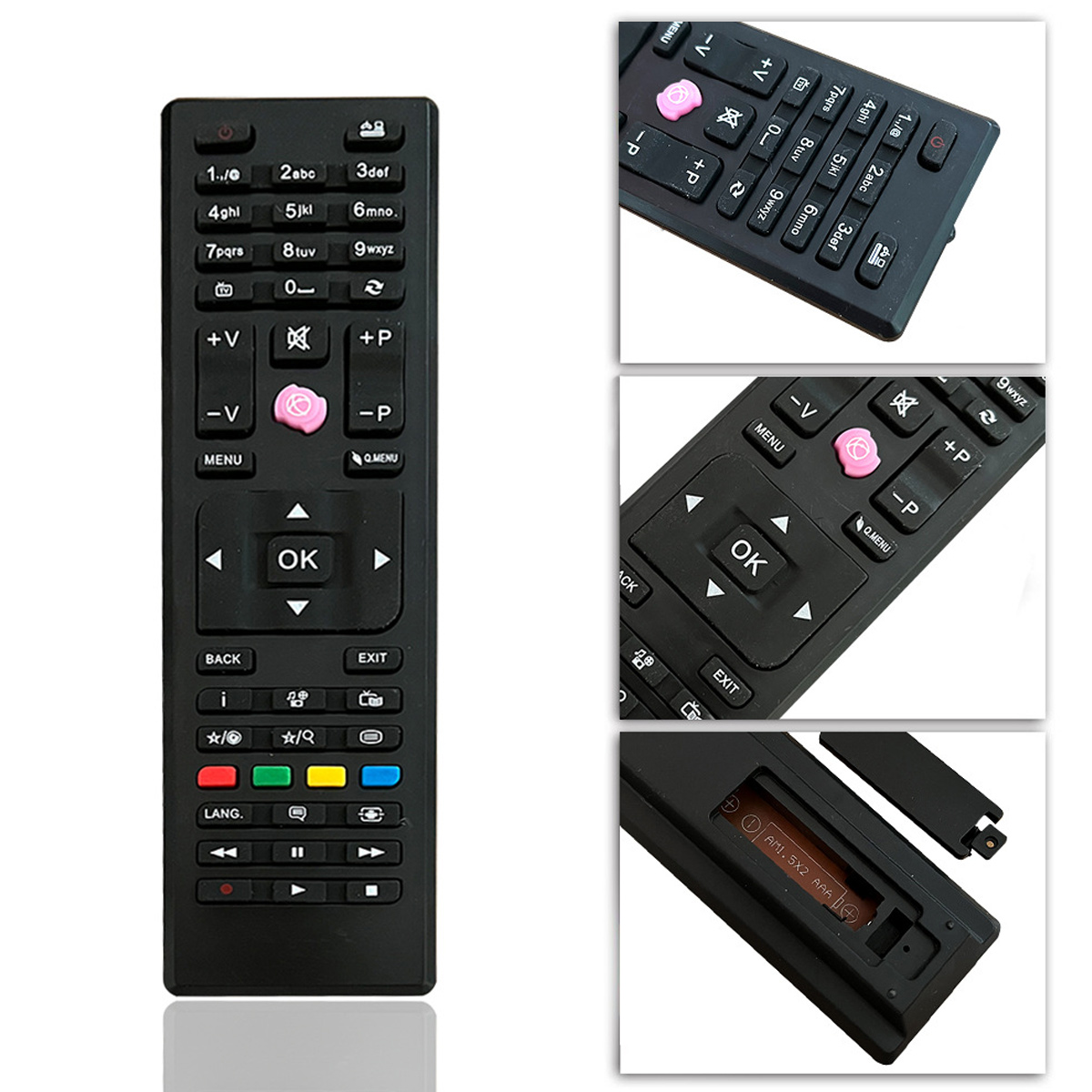 Schwarze TV-Fernbedienung mit mehreren Tasten, darunter Zahlen, Lautstärke- und Kanalregler. Rosa Knöpfe und Batteriefach sichtbar.
