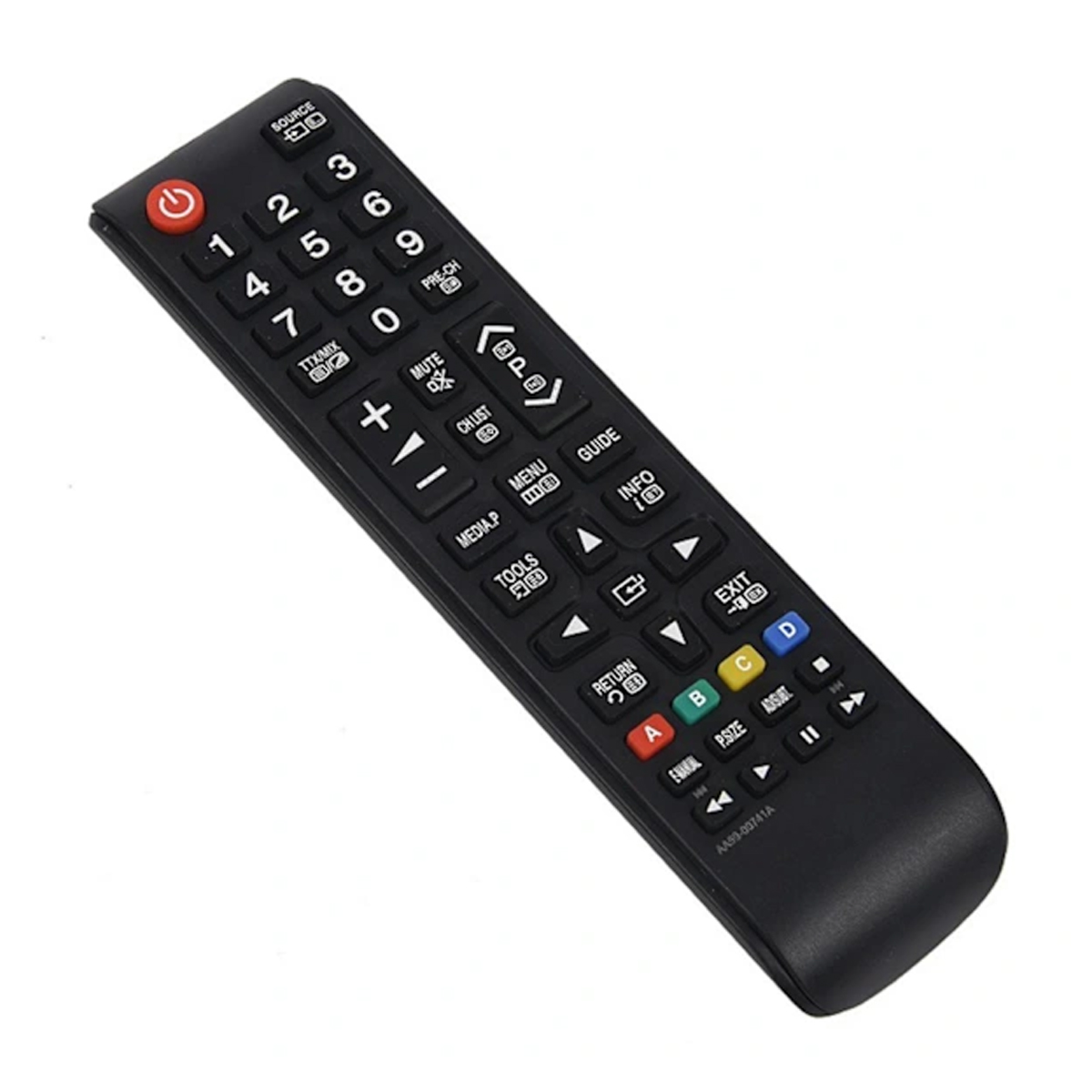 Schwarze TV-Fernbedienung mit verschiedenen Tasten, darunter Zahlen, Lautstärke, Kanal und Menüoptionen, auf weißem Hintergrund.