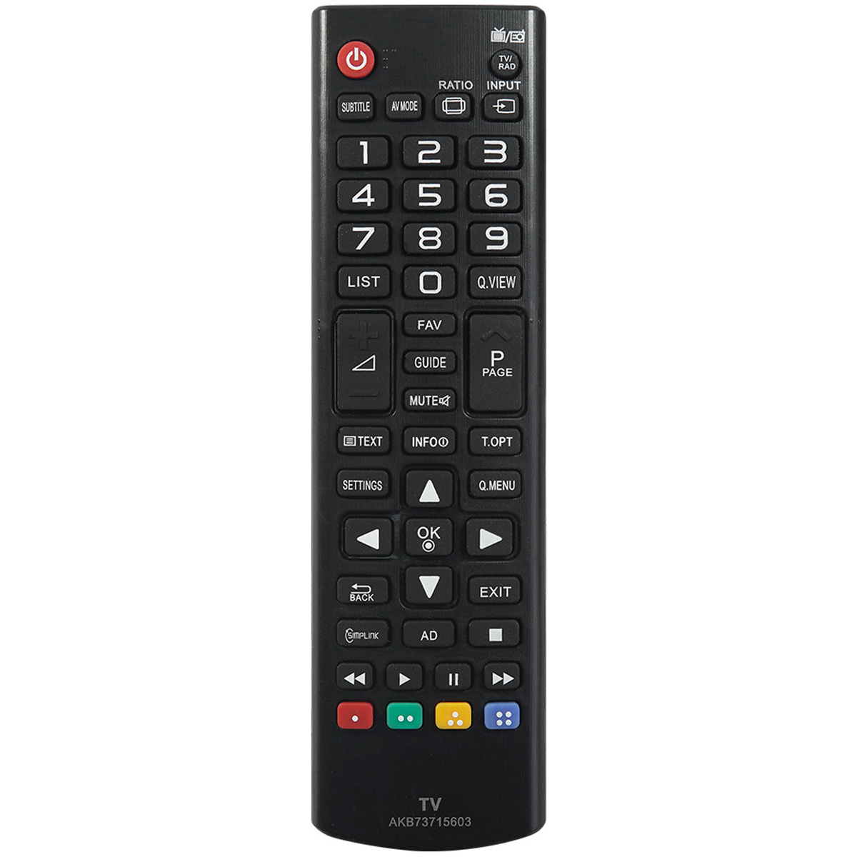 Schwarze LG TV-Fernbedienung mit vielen Tasten, einschließlich Zahlen, Lautstärke- und Kanalsteuerung. Die Fernbedienung hat eine Ein-/Aus-Taste.