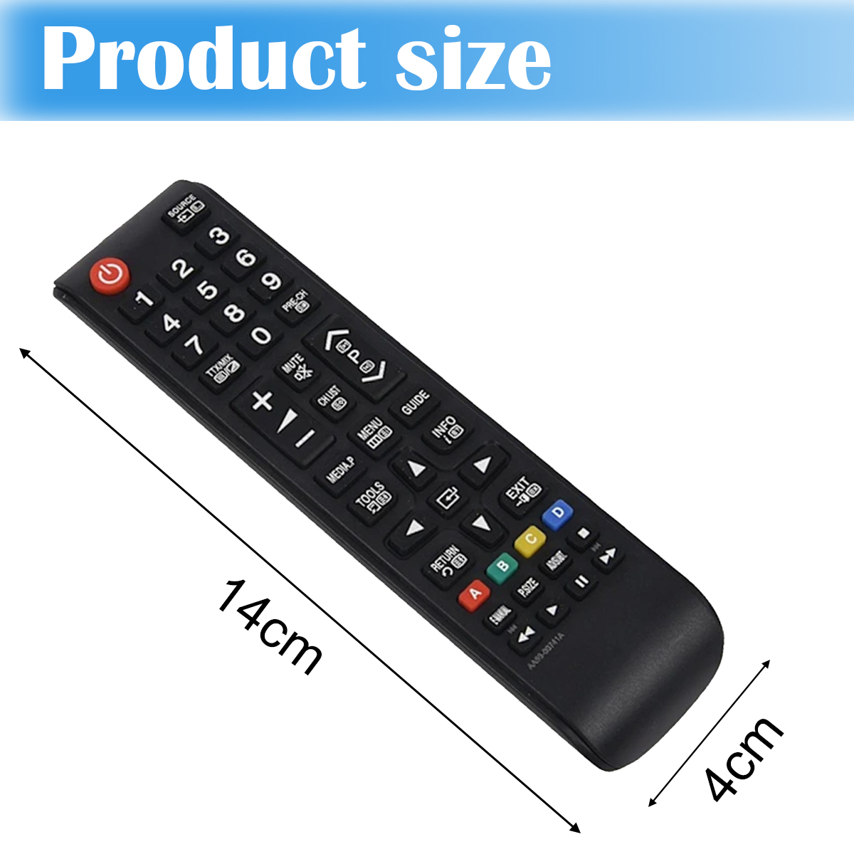 Eine schwarze TV-Fernbedienung mit Ziffern, Tasten und Beschriftungen. Sie ist 14 cm lang und 4 cm breit. Der Text 'Produktgröße' steht oben.