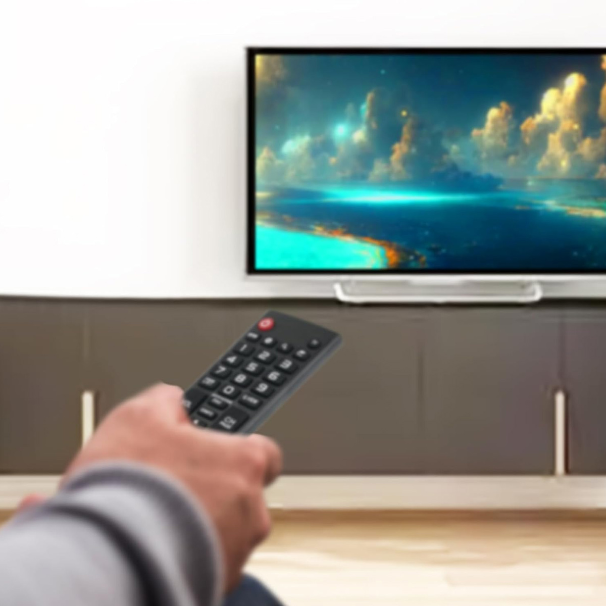 Hand hält eine TV-Fernbedienung. Der Fernseher zeigt eine Landschaft. Der Raum hat eine weiße Wand und einen Holzboden.