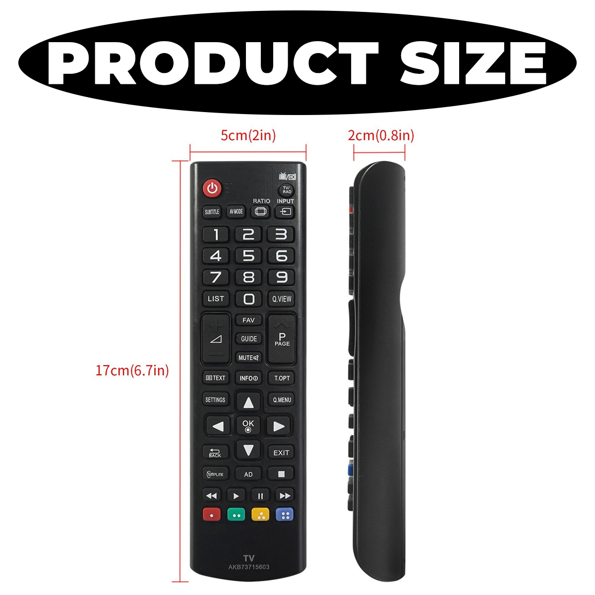 Eine schwarze TV-Fernbedienung zeigt Abmessungen: 17 cm (6,7 Zoll) lang, 5 cm (2 Zoll) breit. Tasten umfassen Ein-/Aus-, Zahlen- und Lautstärkeregler.