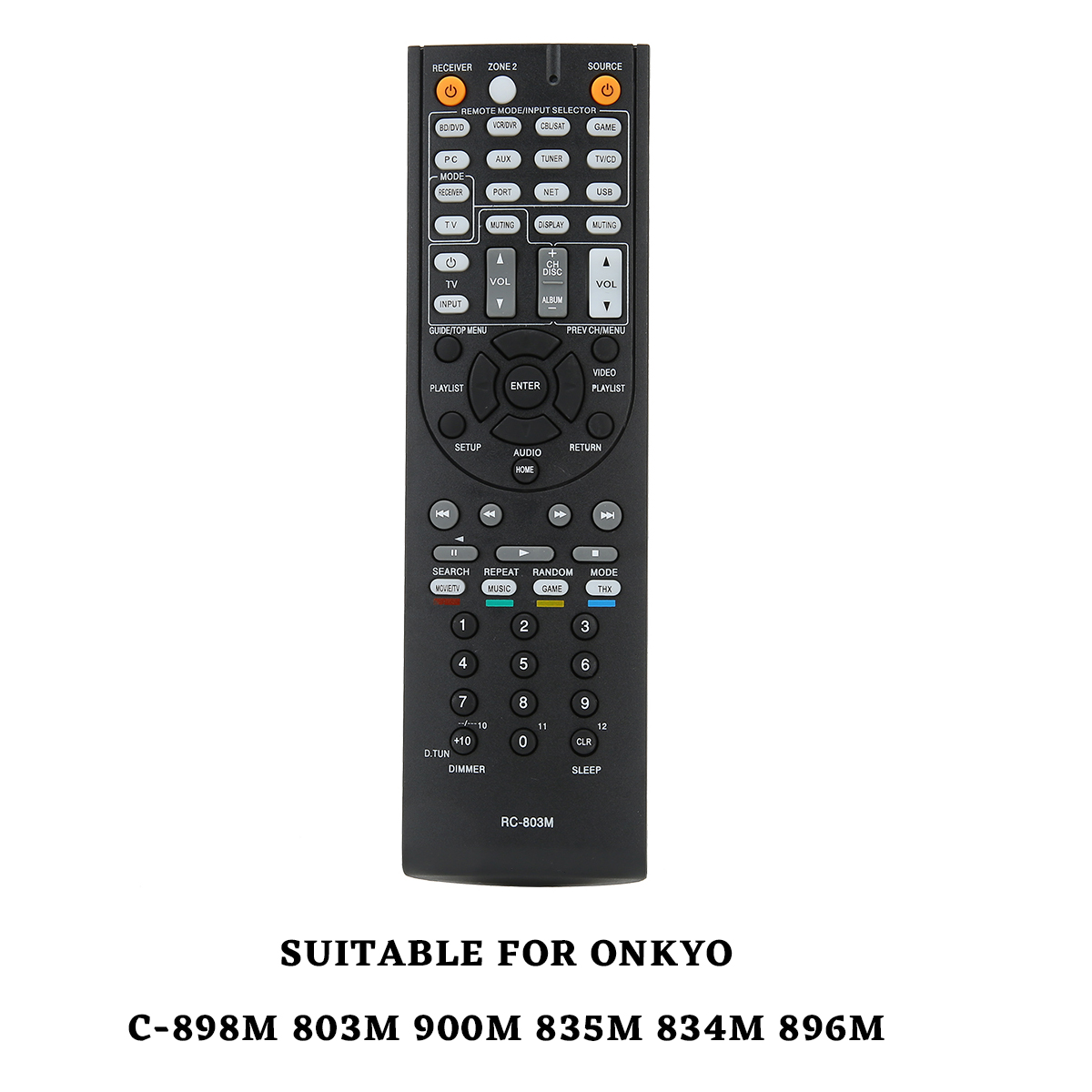 Schwarze Fernbedienung mit vielen Knöpfen. Text unten: Geeignet für Onkyo C-898M 803M 900M 835M 834M 896M