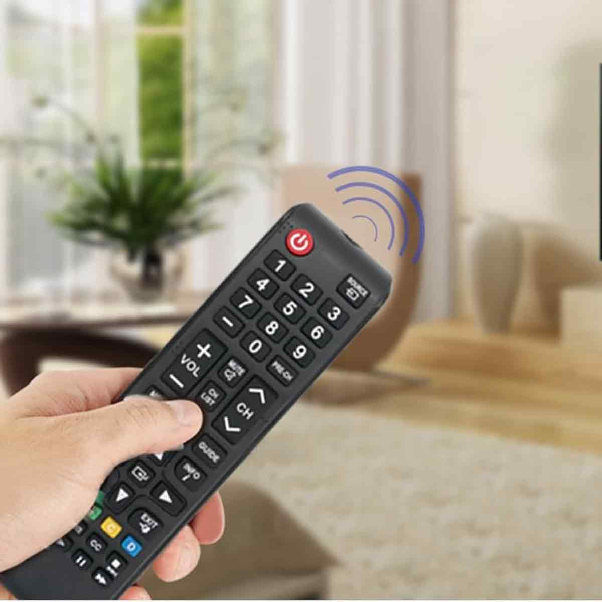 Eine Hand hält eine schwarze TV-Fernbedienung. Tasten sind Zahlen, Lautstärke, Kanal und Ein/Aus. Hintergrund ist ein Wohnzimmer.