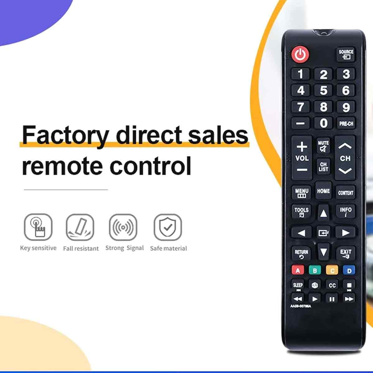 Das Bild zeigt eine schwarze Fernbedienung mit verschiedenen Tasten und Beschriftungen. Der Text lautet 'Factory direct sales remote control'.