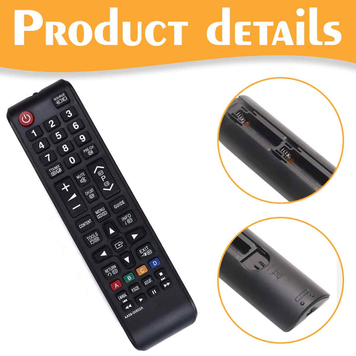 Eine schwarze TV-Fernbedienung mit Tasten und zwei kreisförmigen Ausschnitten, die das Innere der Fernbedienung und das Batteriefach zeigen.