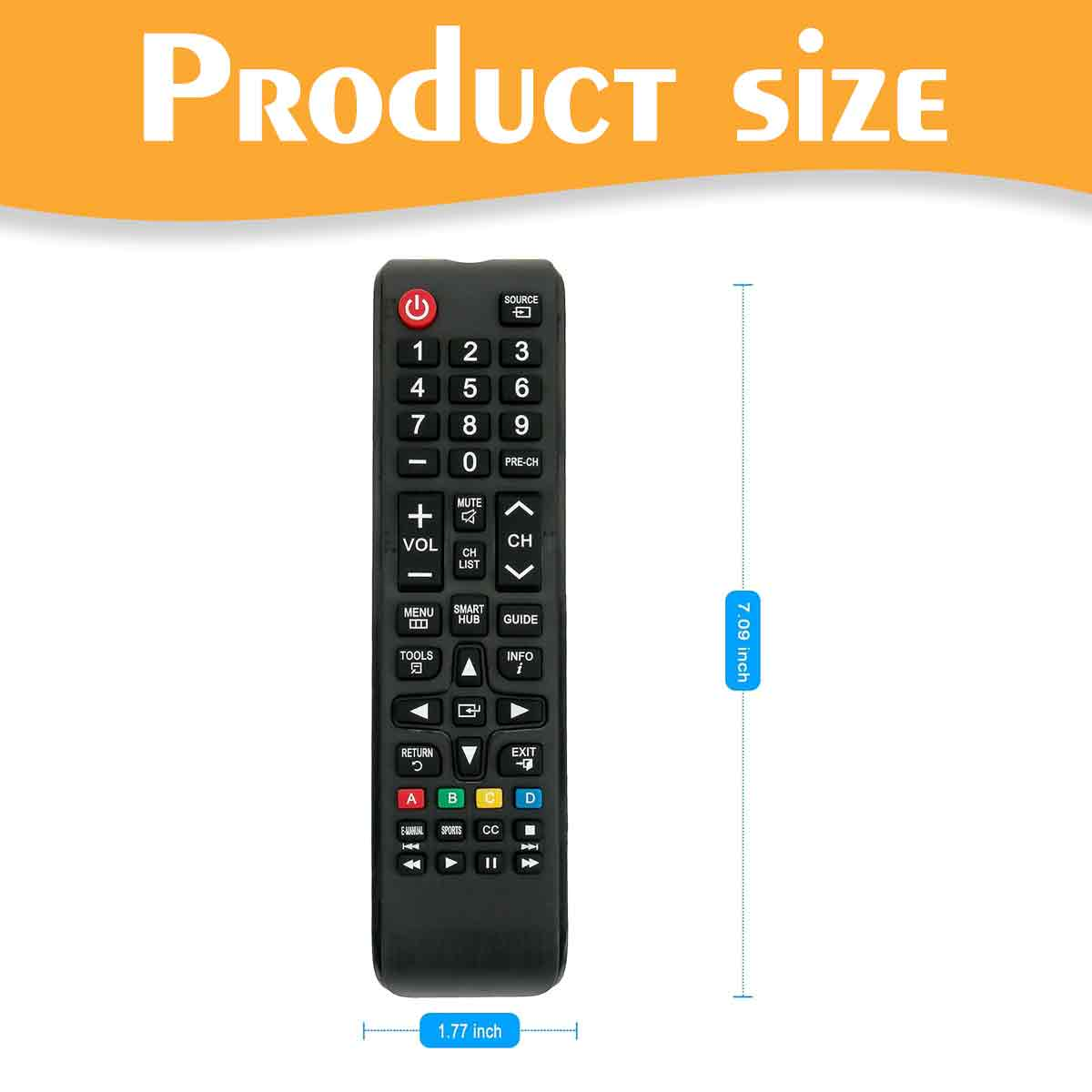 Schwarze TV-Fernbedienung mit numerischen Tasten und Funktionstasten. Produktgröße mit Abmessungen: 7,09 Zoll und 1,77 Zoll angegeben.
