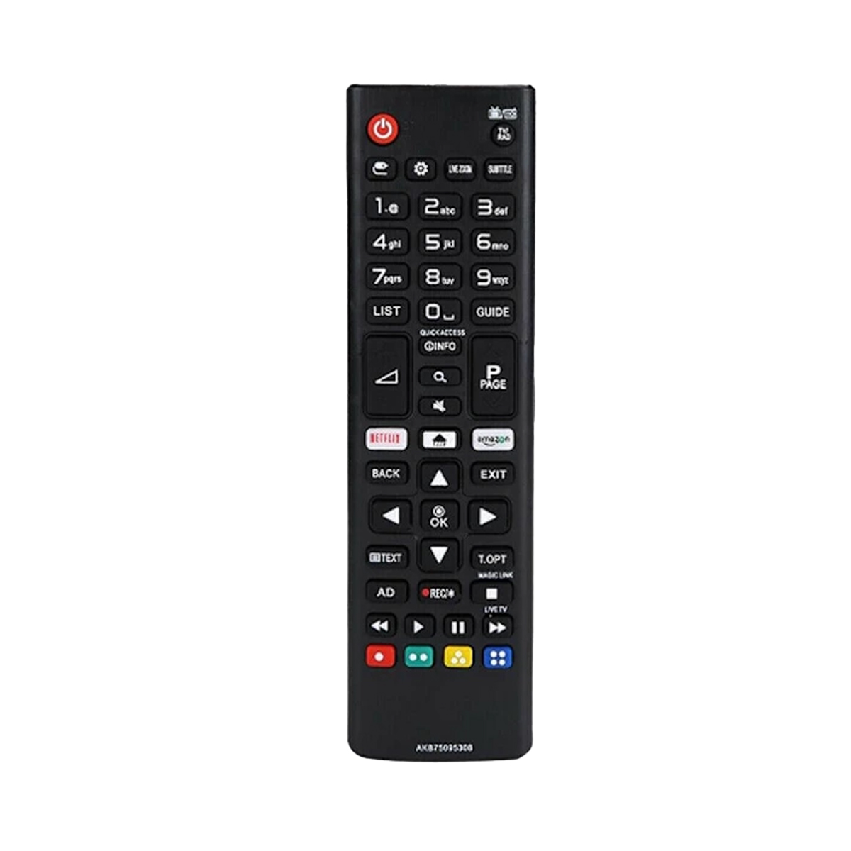 Schwarze TV-Fernbedienung mit verschiedenen Tasten. Power, Nummern, Netflix, Amazon, Zurück- und Navigationstasten sind sichtbar.