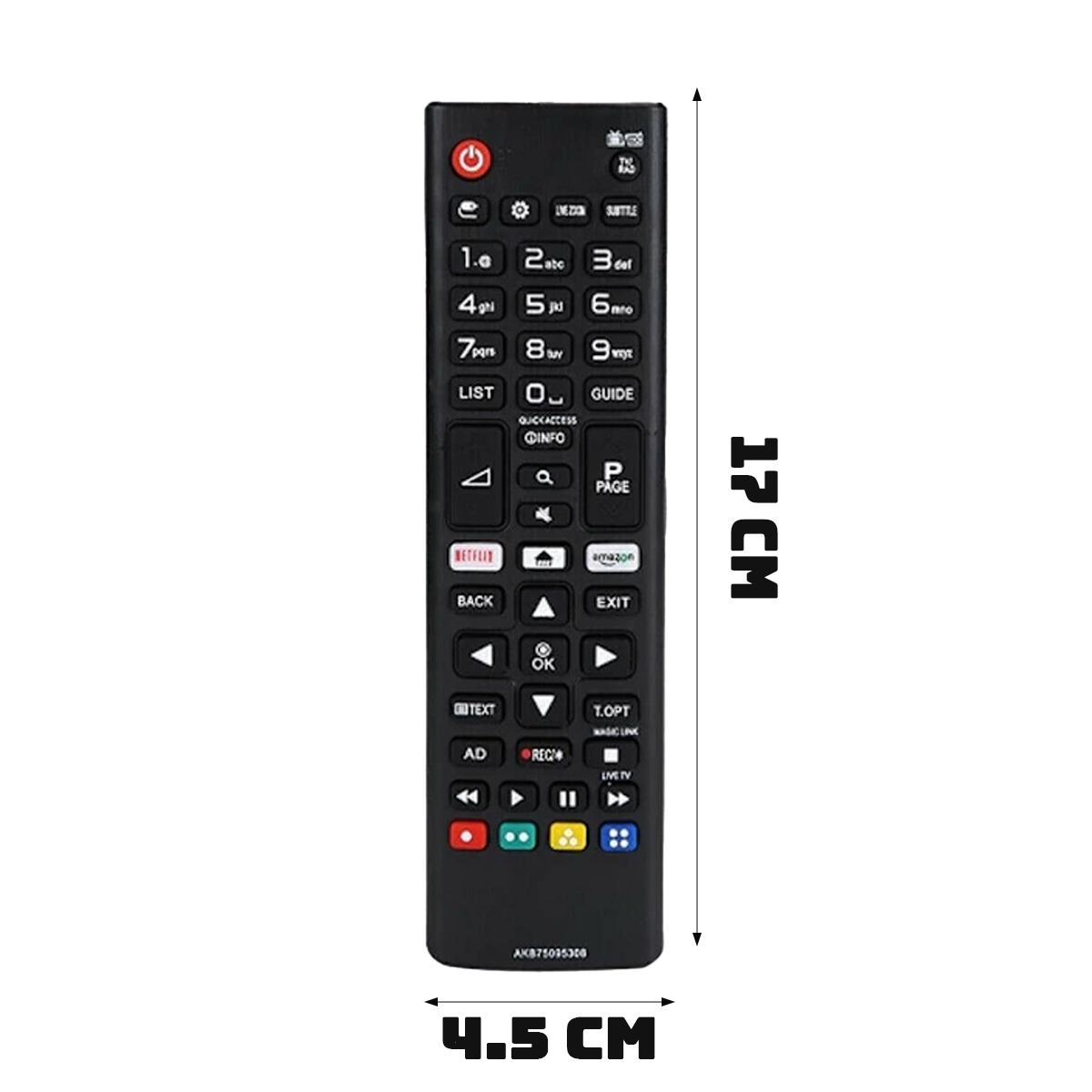 Eine schwarze LG TV-Fernbedienung mit vielen Tasten ist abgebildet. Die Abmessungen sind 17 cm lang und 4,5 cm breit. Text und Symbole sind sichtbar.