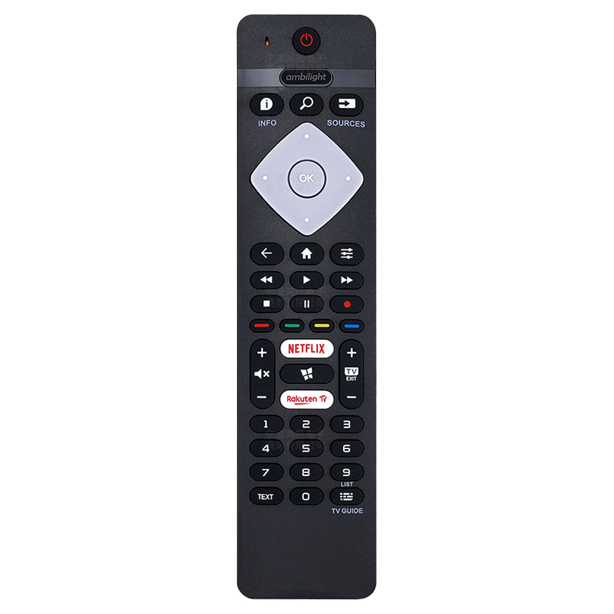 Eine schwarze Philips TV-Fernbedienung mit vielen Tasten, darunter Ein/Aus, Lautstärke, Netflix und Zifferntasten. Mit 'ambilight' Text.