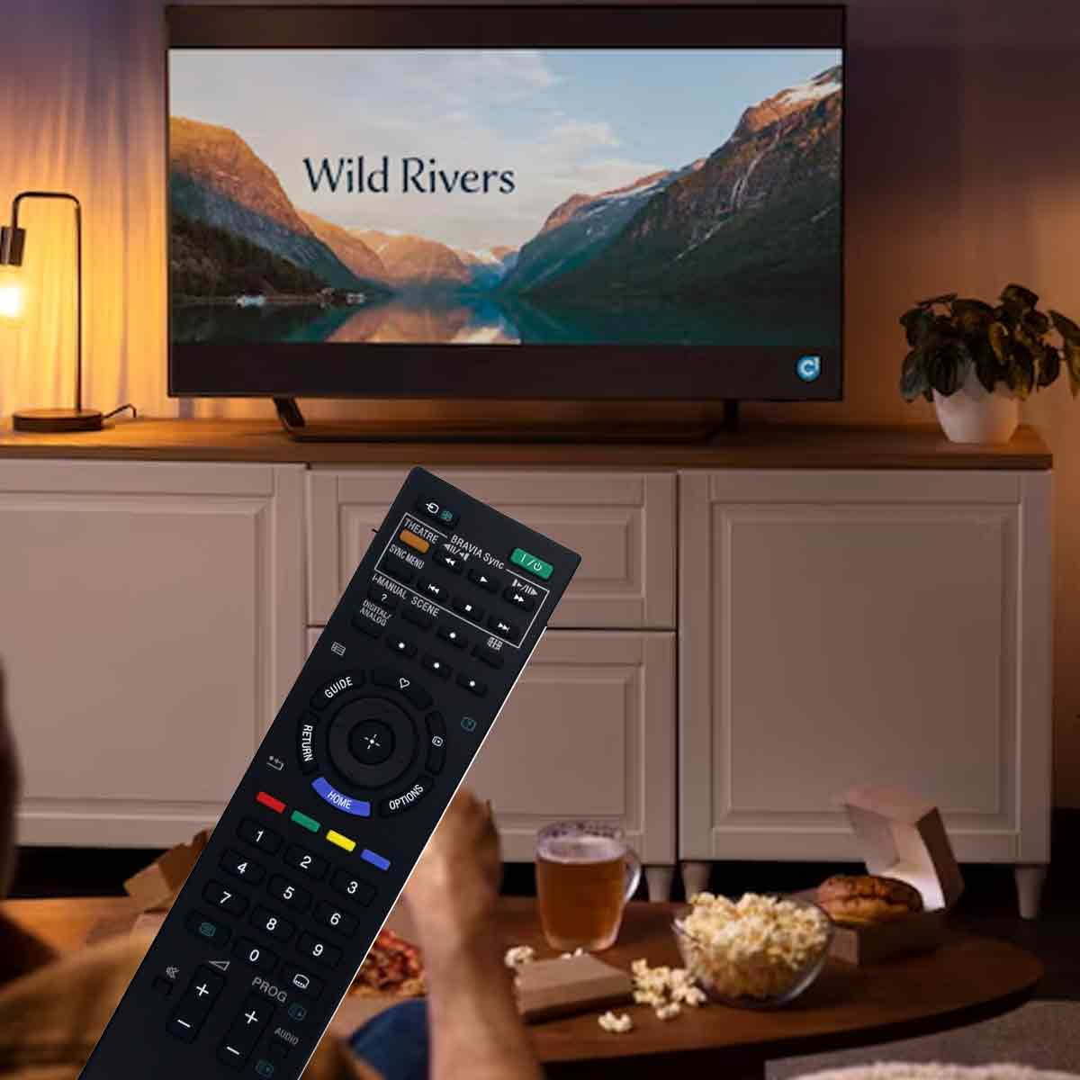 Eine Person hält eine TV-Fernbedienung und schaut einen Film über Berge und Wasser, mit Snacks und Getränken auf dem Tisch.