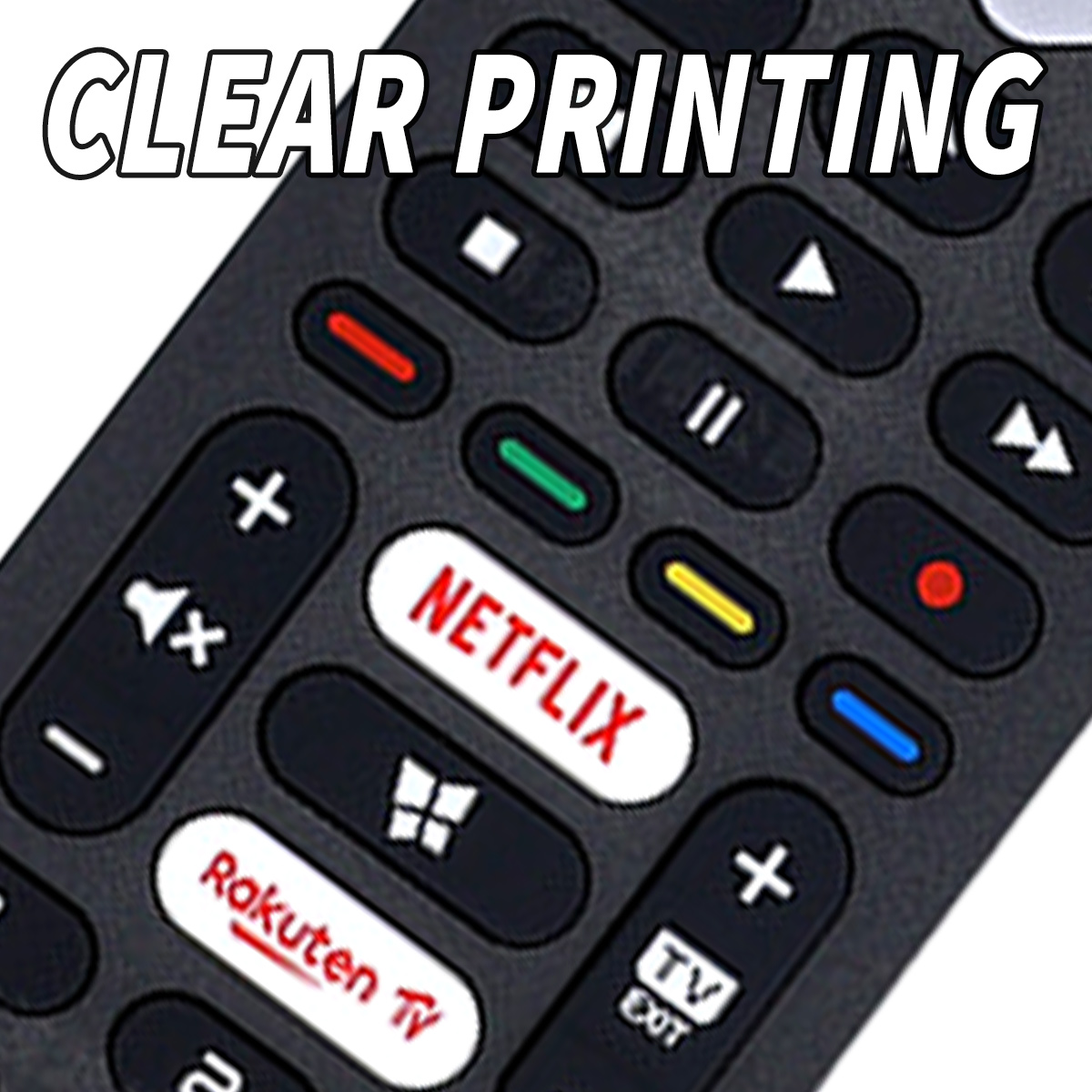 Nahaufnahme einer schwarzen TV-Fernbedienung. Tasten sind Lautstärke, Netflix, Rakuten TV und andere Medientasten. Der Text lautet 'CLEAR PRINTING'.
