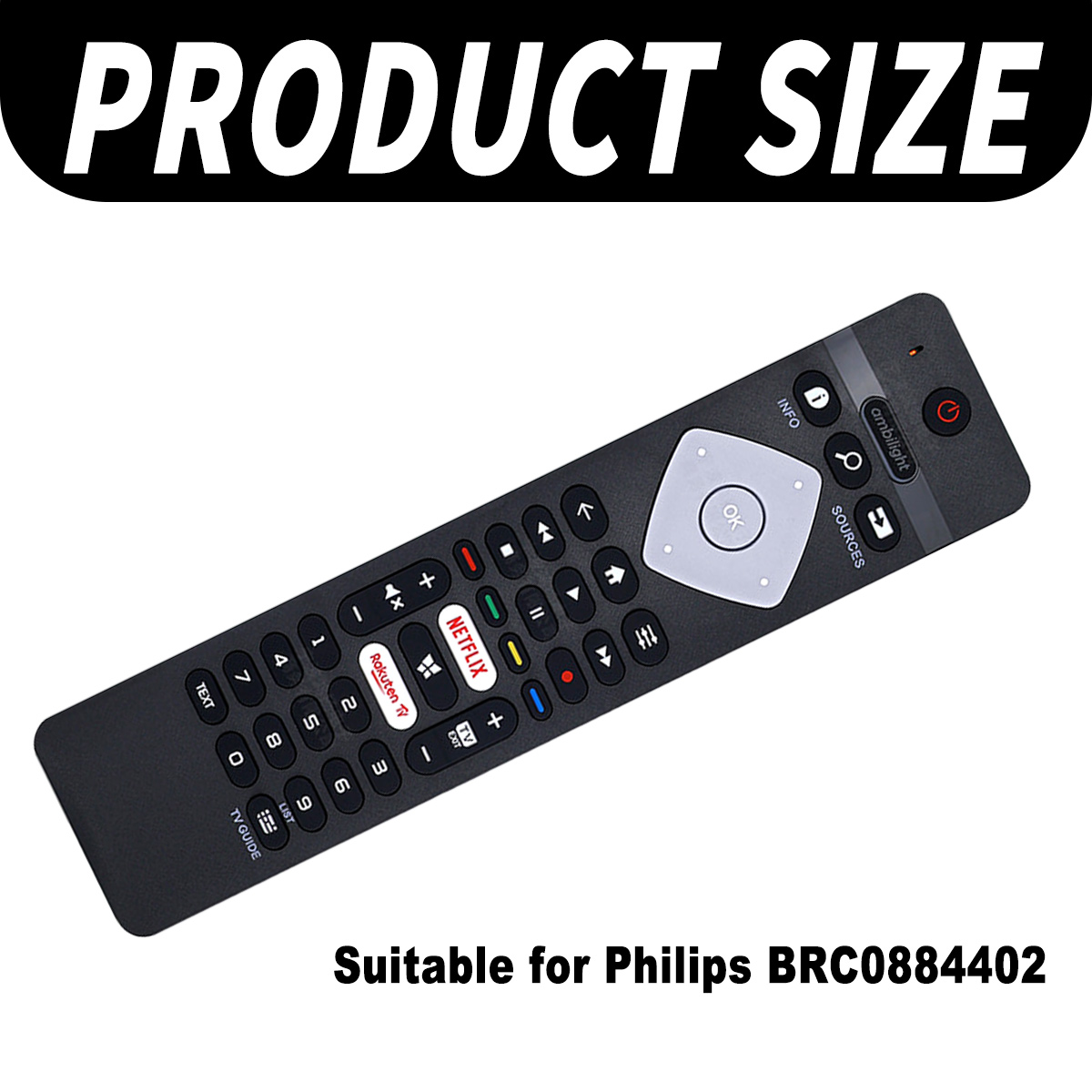 Eine schwarze Philips-Fernbedienung mit vielen Tasten, darunter Netflix. Der Text oben lautet 'PRODUCT SIZE'.