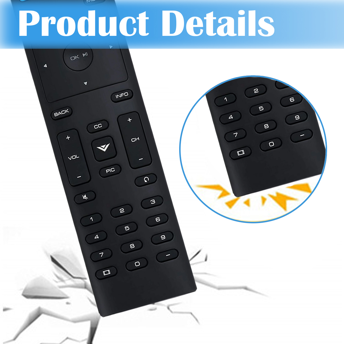 Schwarze TV-Fernbedienung mit Knöpfen und Nahaufnahme der Zifferntasten. Text "Produktdetails" oben.