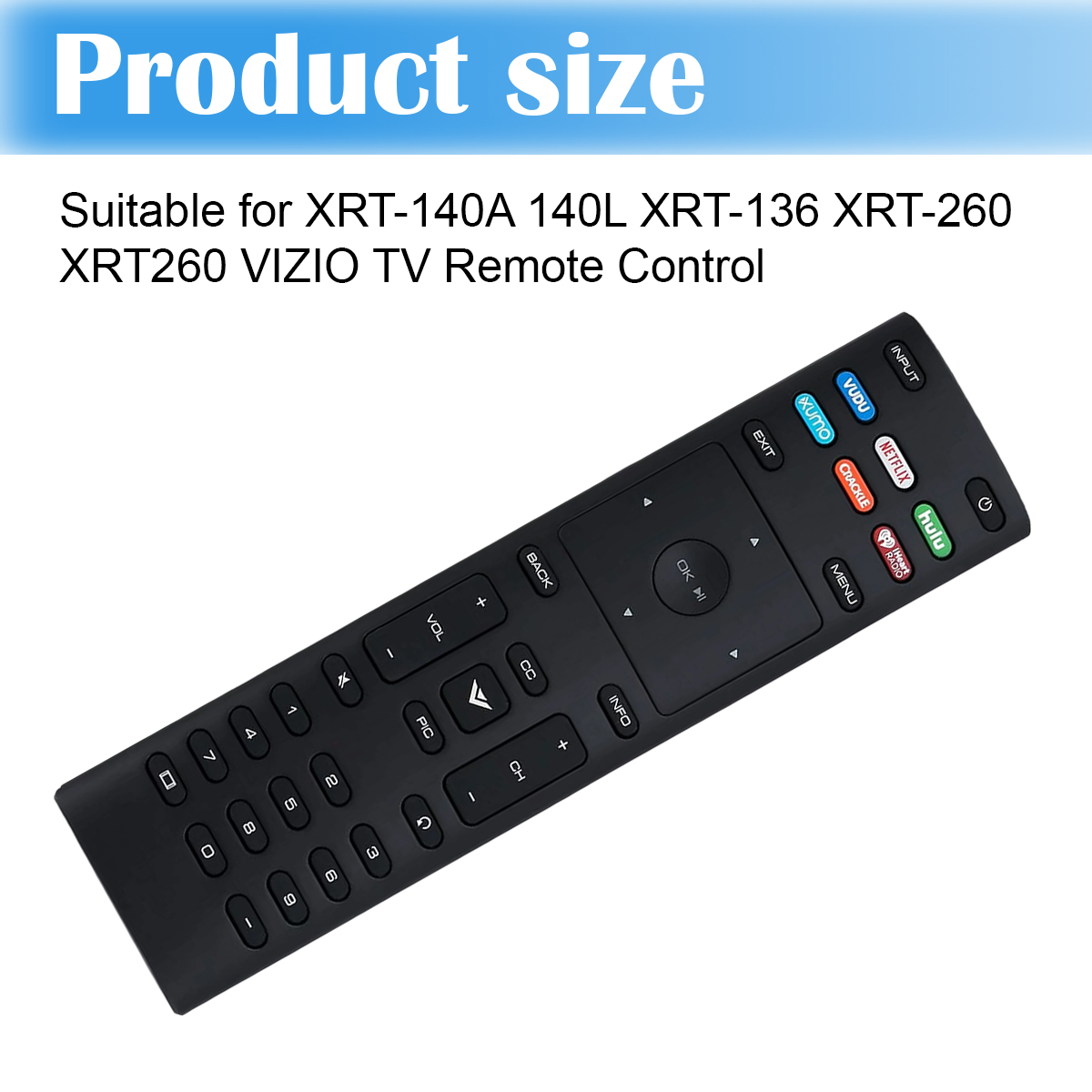 Schwarze VIZIO TV-Fernbedienung mit mehreren Tasten, darunter Lautstärke, Kanal und Streaming-Dienste.