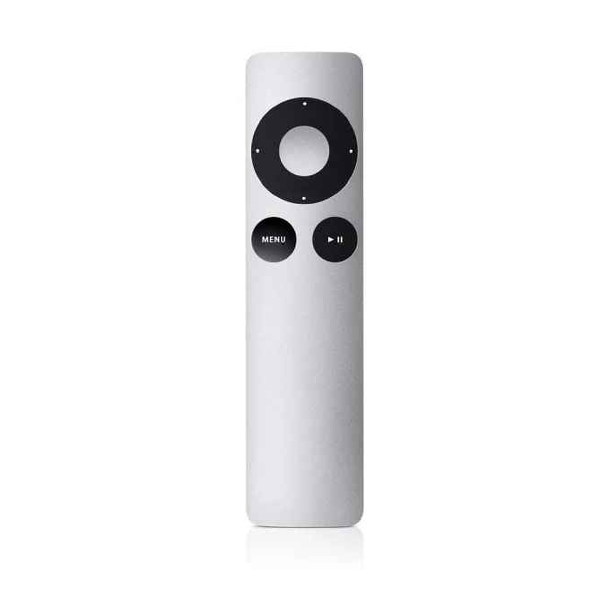 Eine silberne Apple TV-Fernbedienung. Sie hat eine kreisförmige schwarze Taste, eine Menütaste und eine Wiedergabe/Pause-Taste.