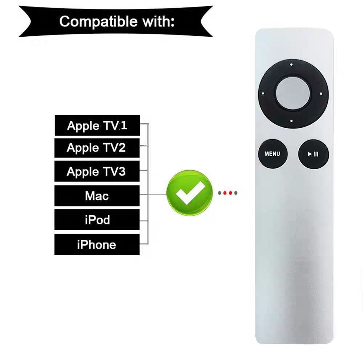 Eine weiße Apple-Fernbedienung mit schwarzen Knöpfen wird zusammen mit einer Liste kompatibler Geräte wie Apple TV, Mac, iPod und iPhone gezeigt.