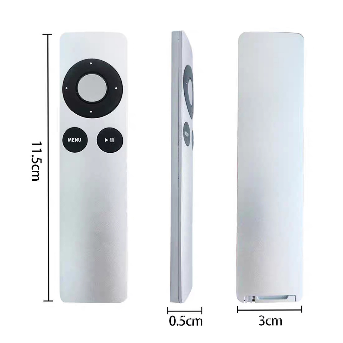 Weiße Apple TV-Fernbedienung mit schwarzem kreisförmigen Steuerbereich, Menü- und Wiedergabe/Pause-Tasten und Größenangaben.