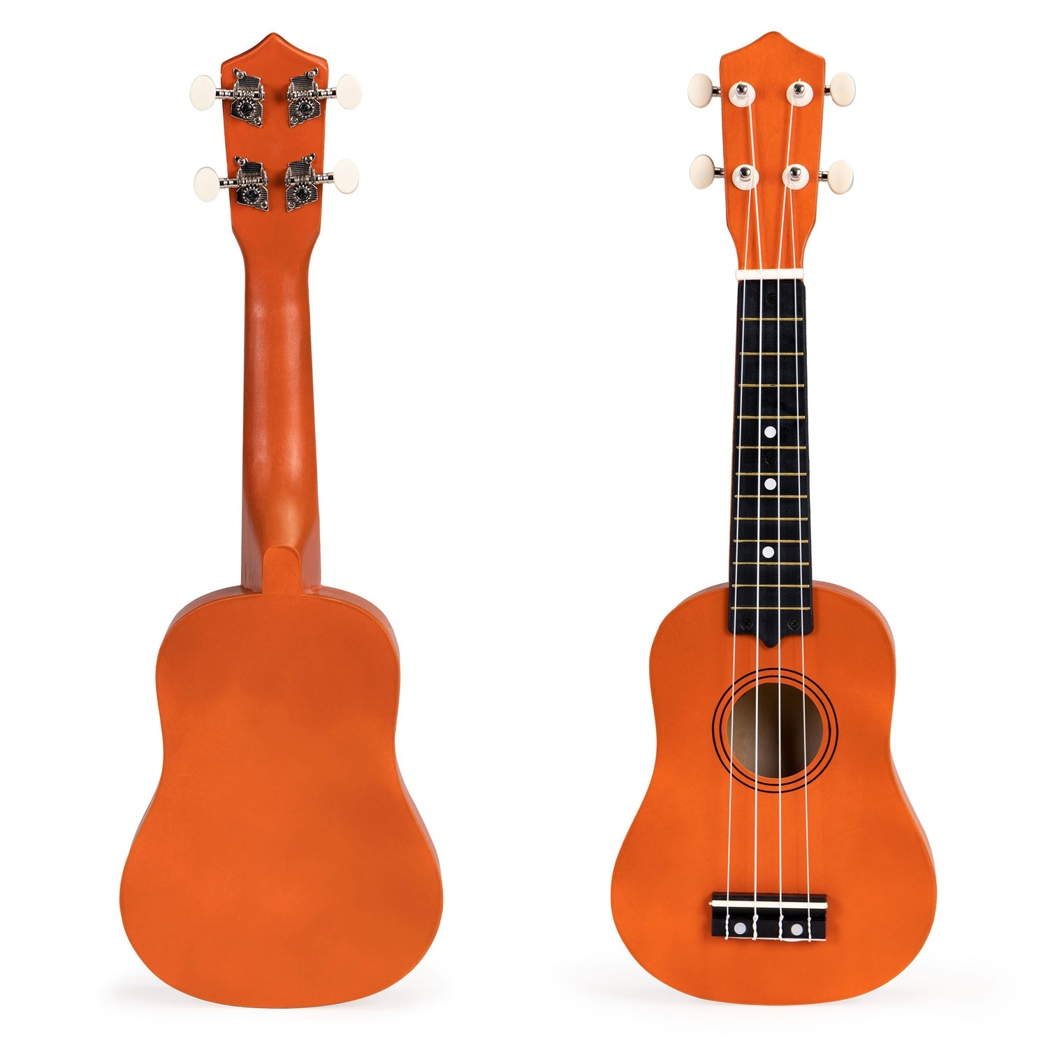 Un ukelele naranja, vista frontal y trasera, sobre un fondo blanco. La vista frontal muestra cuerdas, boca y diapasón. La parte trasera es lisa.