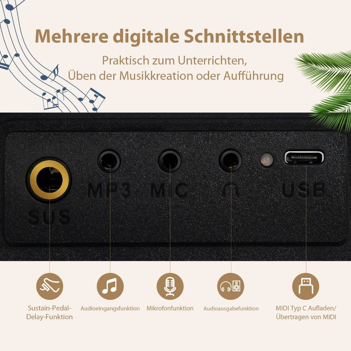 Primer plano de un panel negro con varios puertos de entrada/salida etiquetados: SUS, MP3, MIC y USB. El texto superior dice 'Múltiples interfaces digitales'.