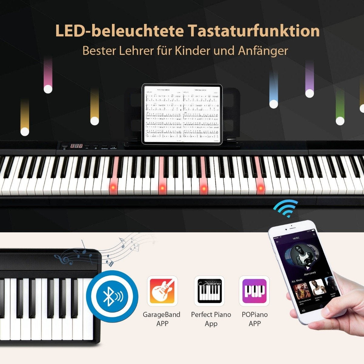 Un piano con teclas iluminadas, una tableta con música y un smartphone con aplicaciones musicales. También muestra GarageBand y POPiano.