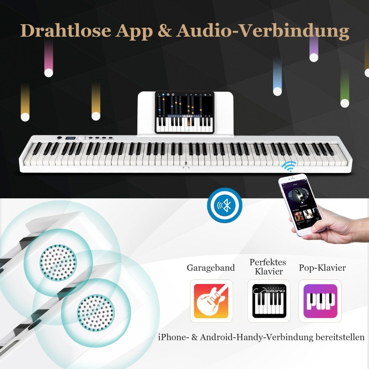 Un piano blanco con una tableta encima, un teléfono que muestra aplicaciones de música e iconos de aplicaciones de música.