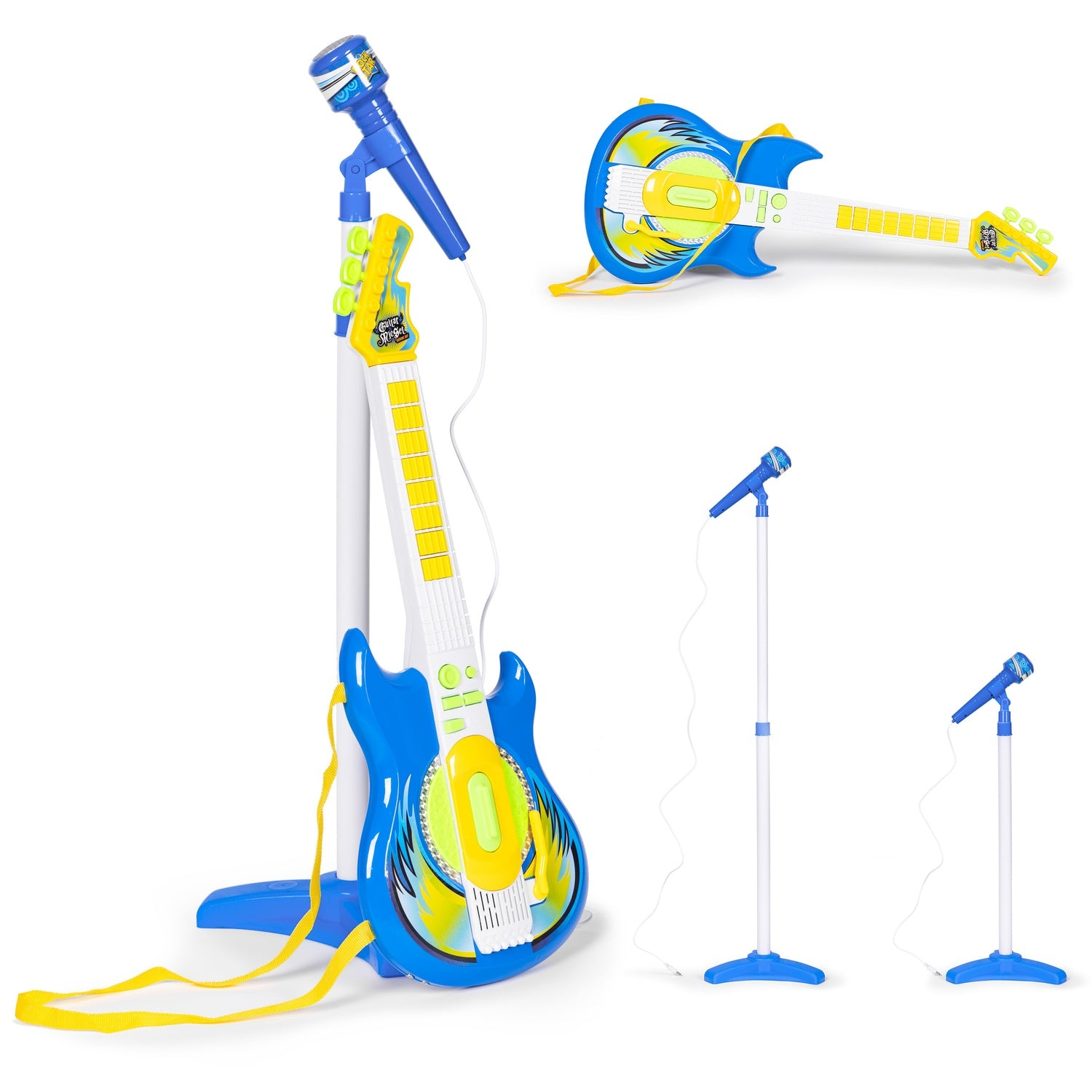 Un juego de guitarra y micrófono de juguete azul y amarillo. Incluye una guitarra, dos micrófonos y un soporte en forma de guitarra.